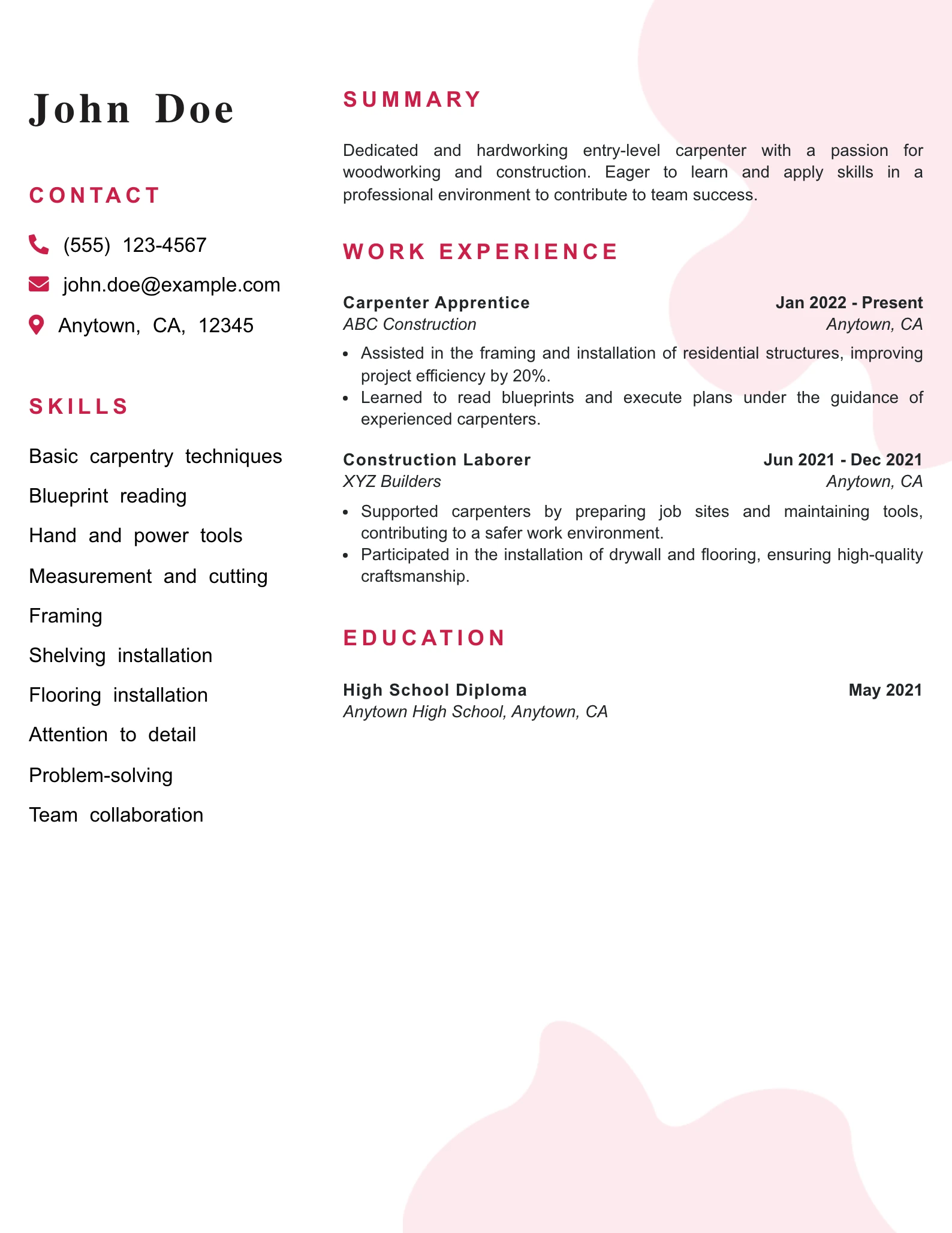 Entry Level Carpenter Resume Example