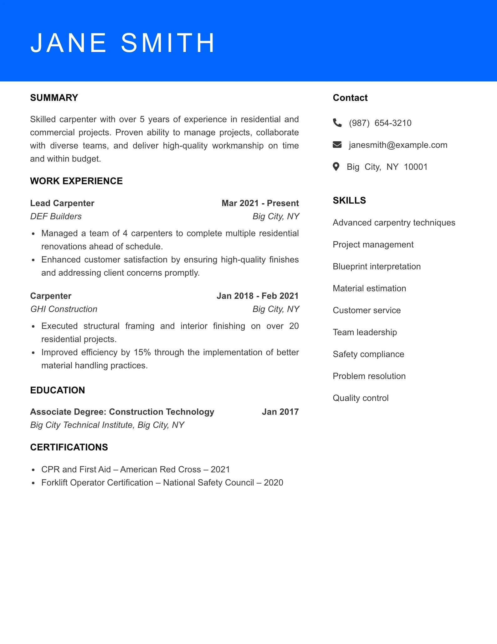 Mid Level Carpenter Resume Sample