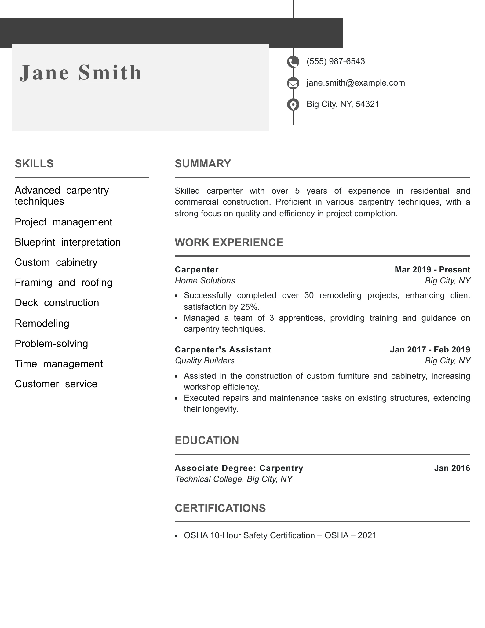 Mid Level Carpenter Resume Example