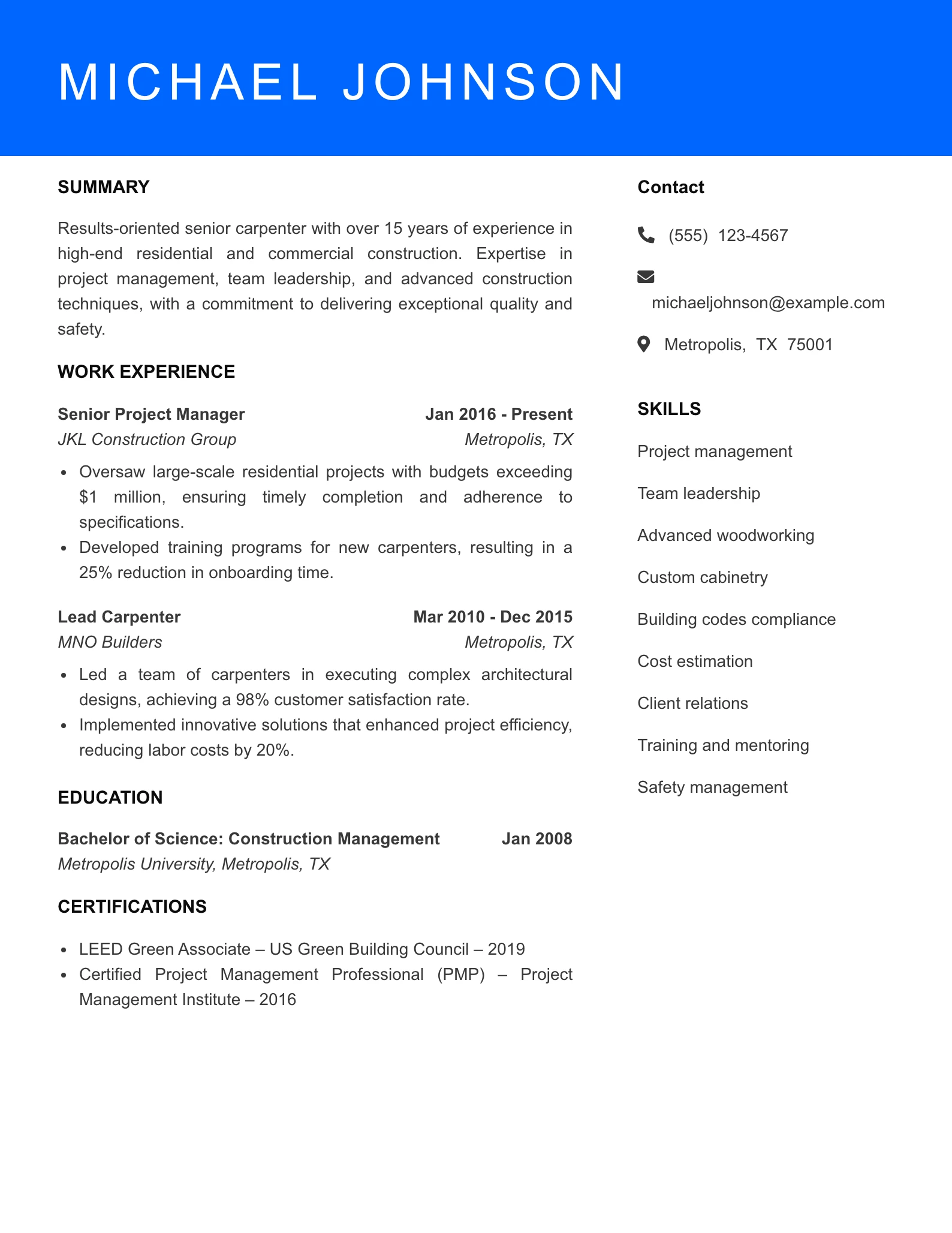 Senior Level Carpenter Resume Sample