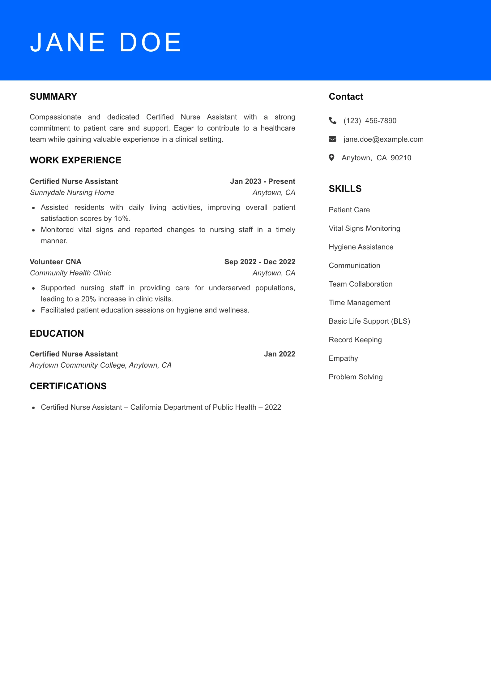 Selected Certified Nurse Assistant Resume