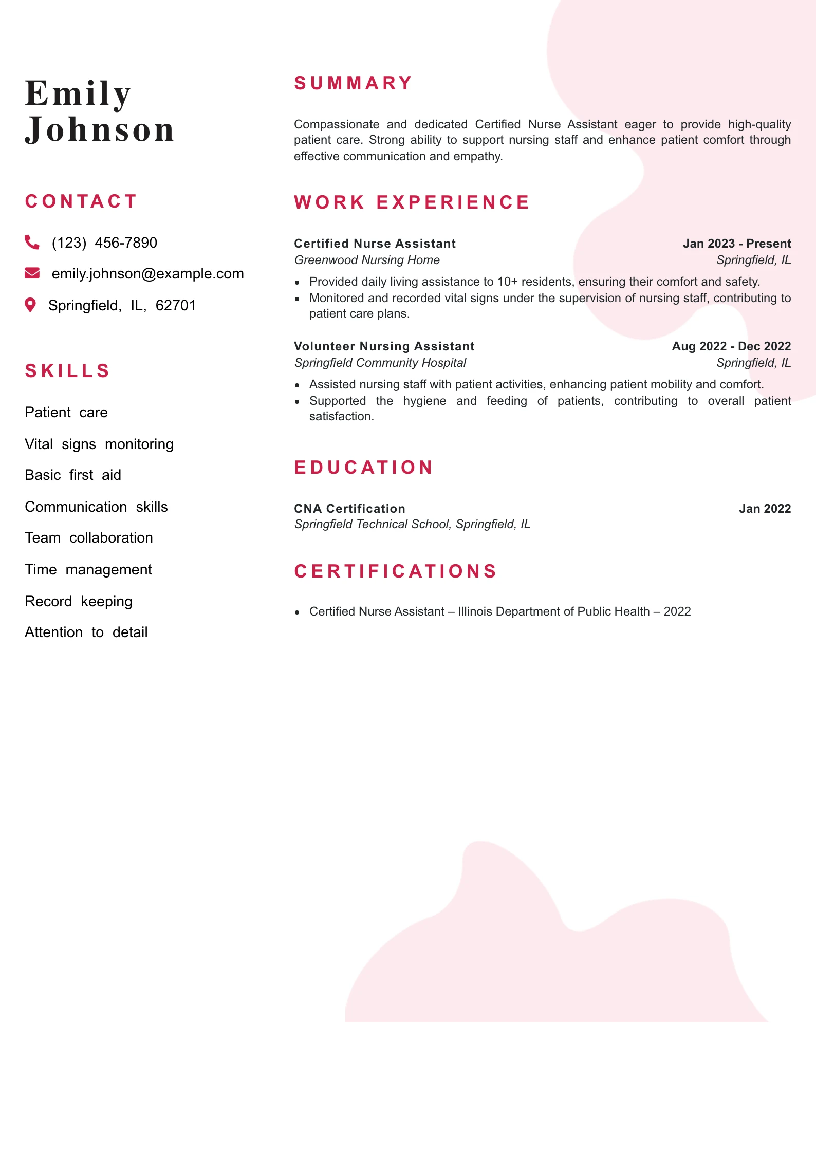 Entry Level Certified Nurse Assistant Resume Example