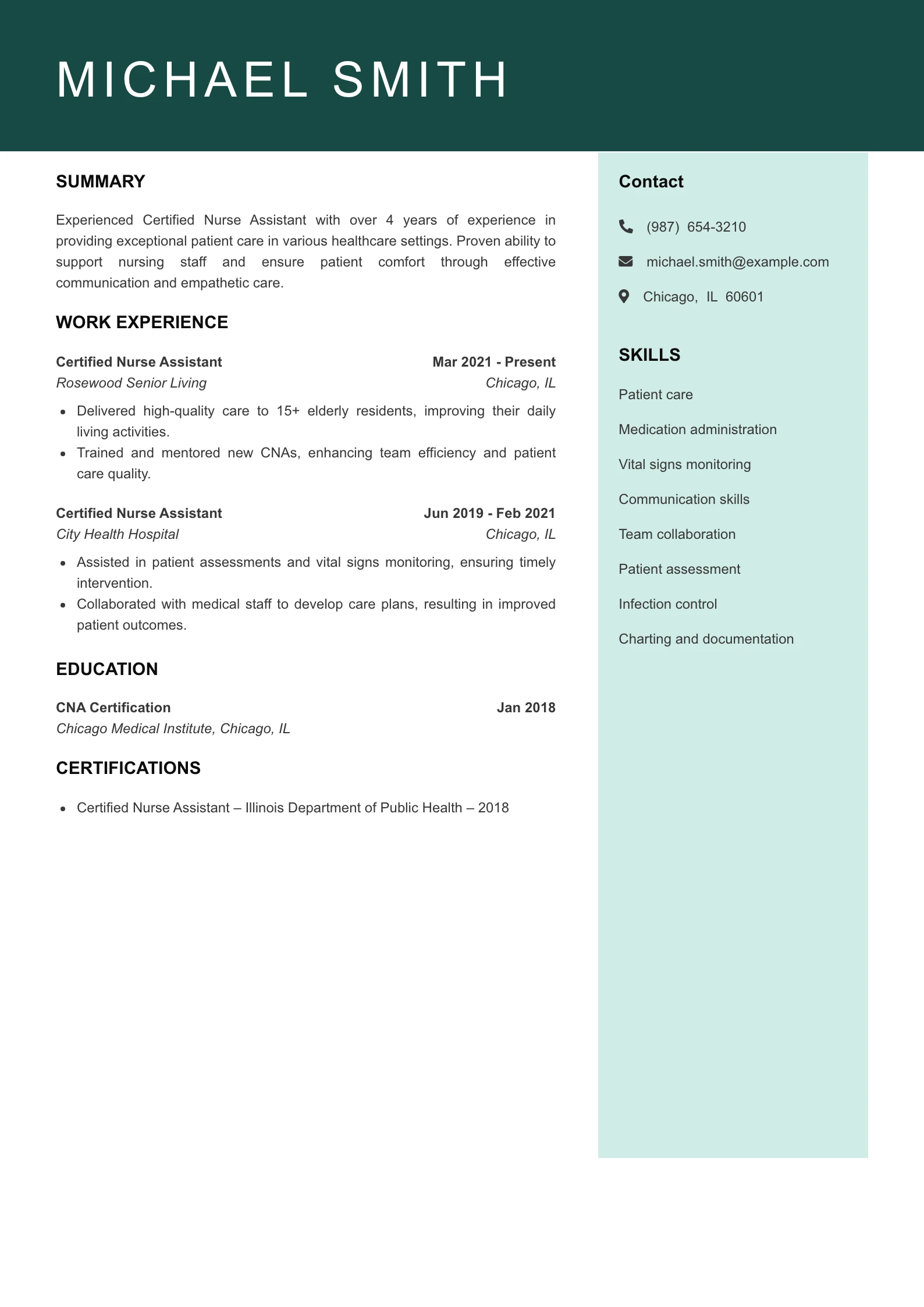Mid Level Certified Nurse Assistant Resume Example