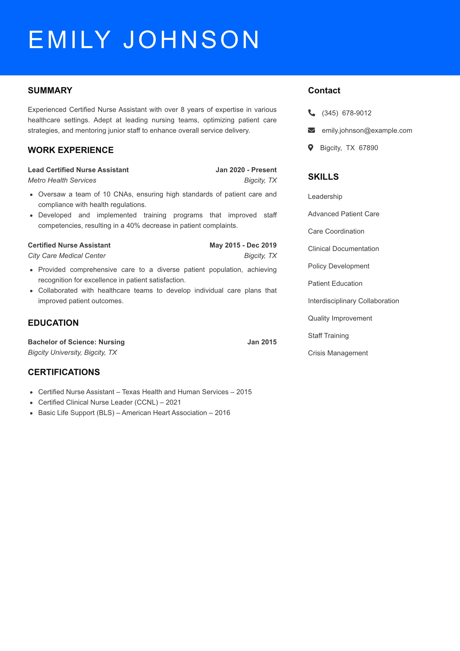 Senior Level Certified Nurse Assistant Resume Sample