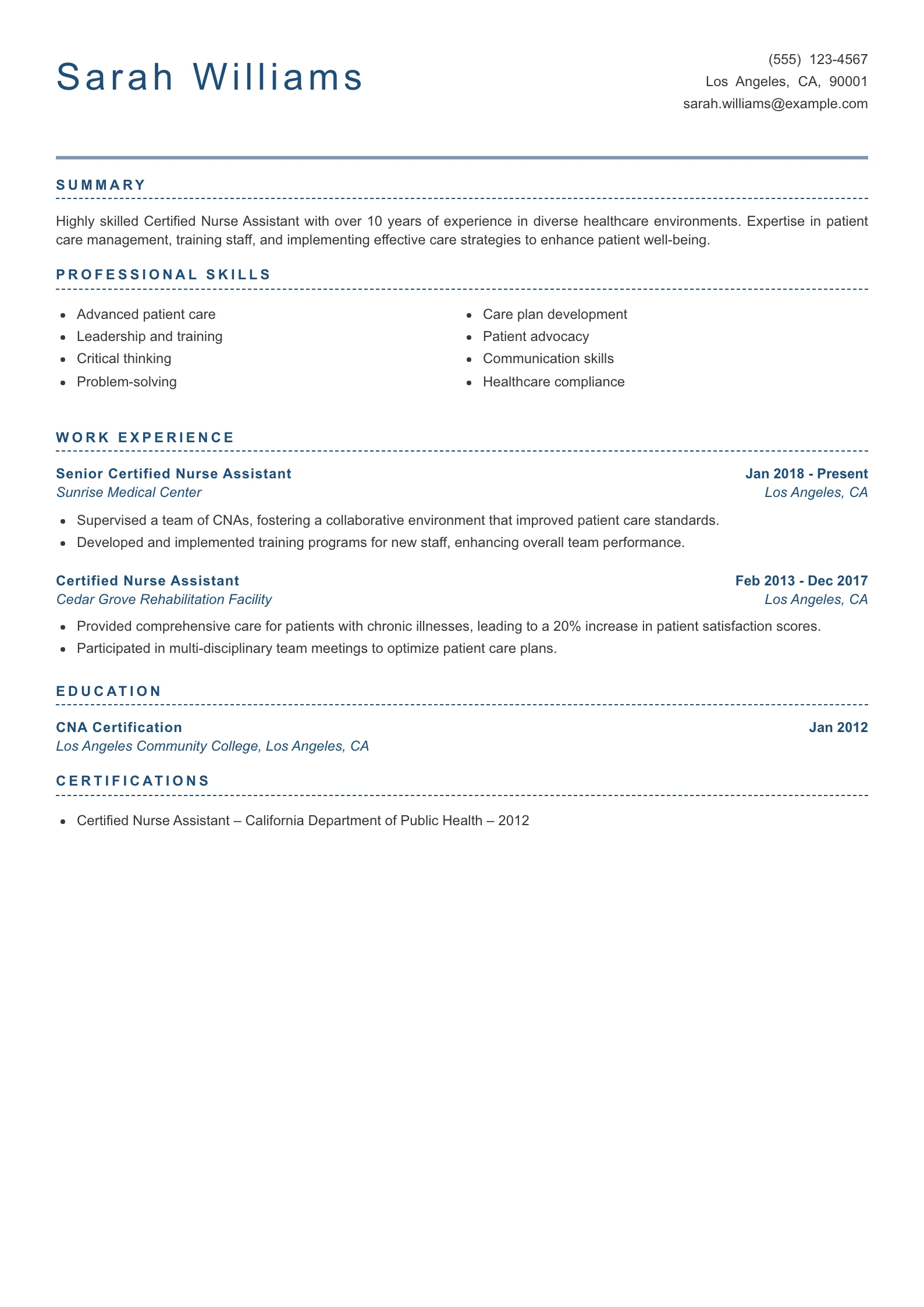 Senior Level Certified Nurse Assistant Resume Example
