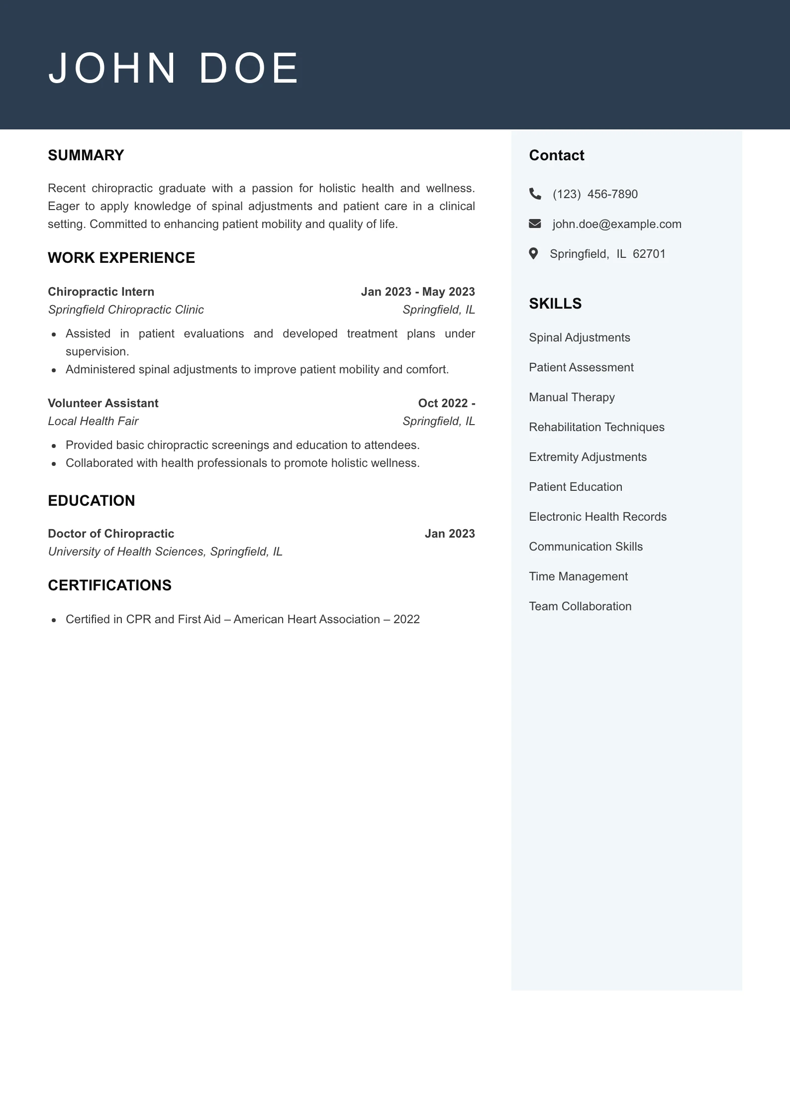 Entry Level Chiropractor Resume Example