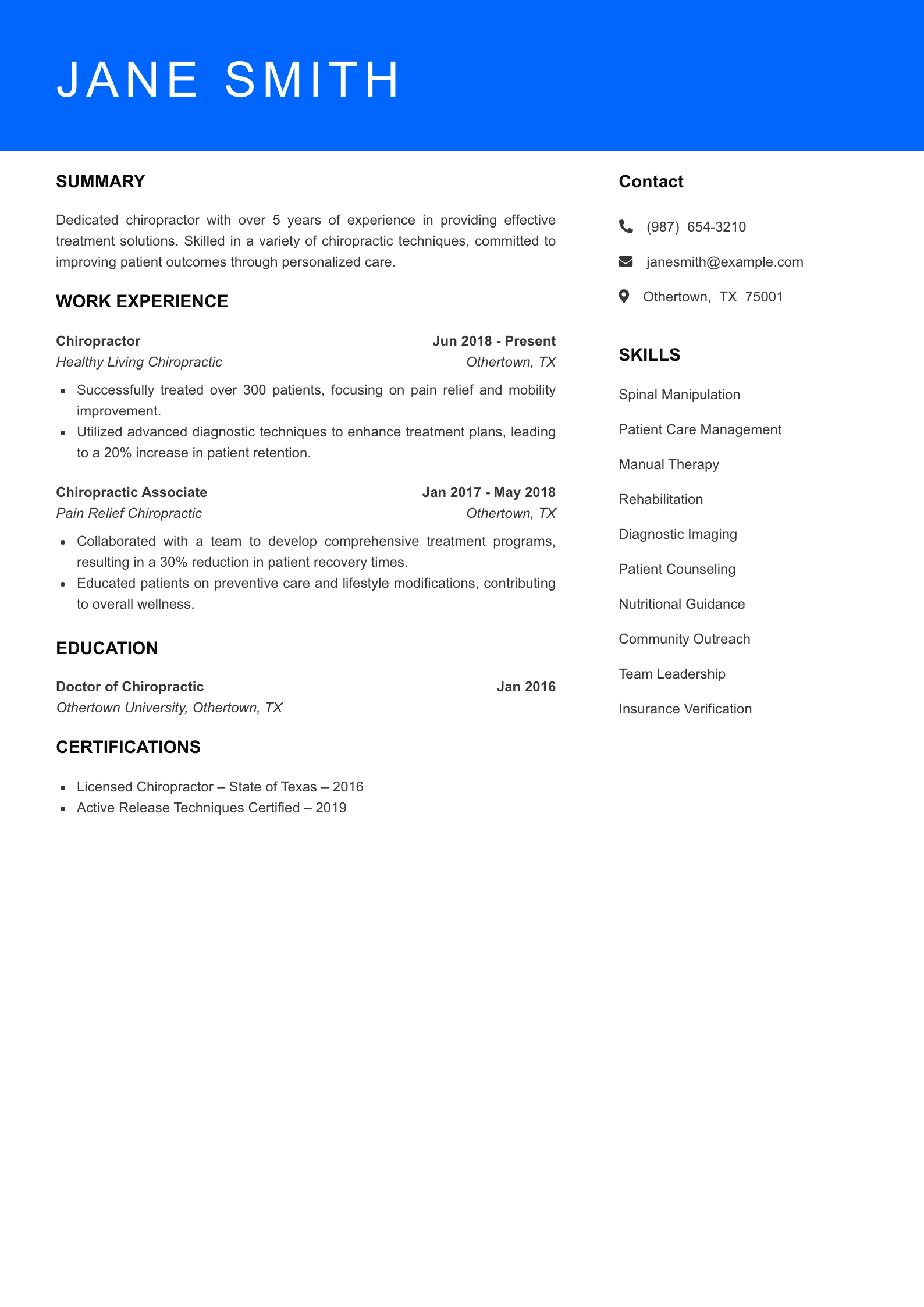 Mid Level Chiropractor Resume Sample