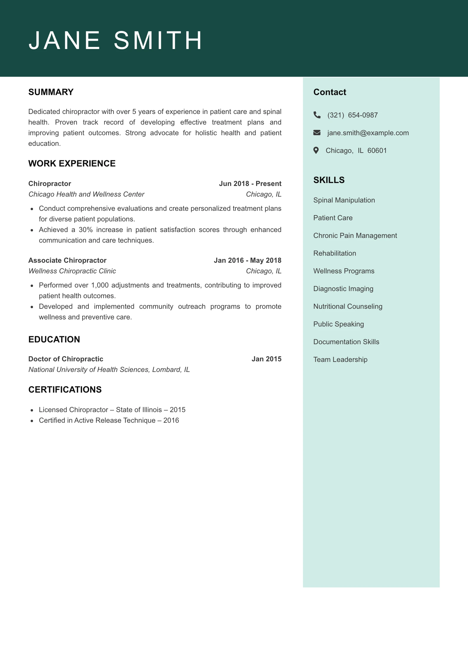 Mid Level Chiropractor Resume Example