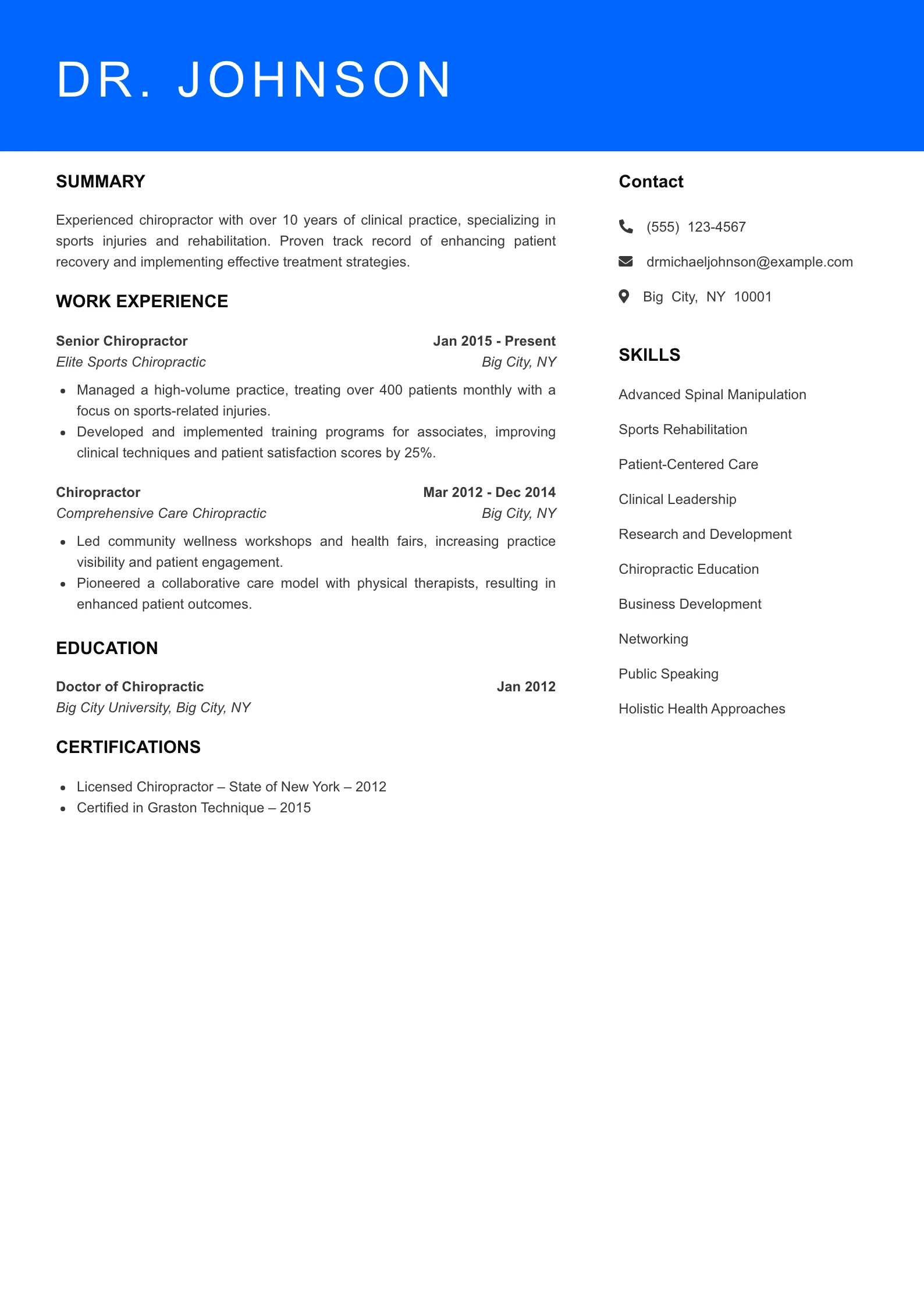 Senior Level Chiropractor Resume Sample