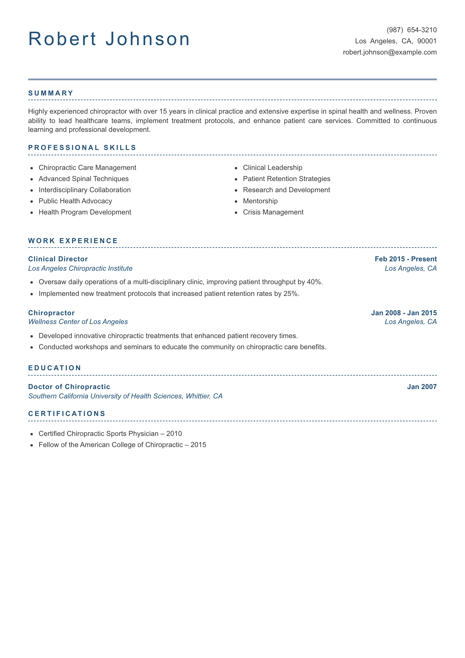 Senior Level Chiropractor Resume Example