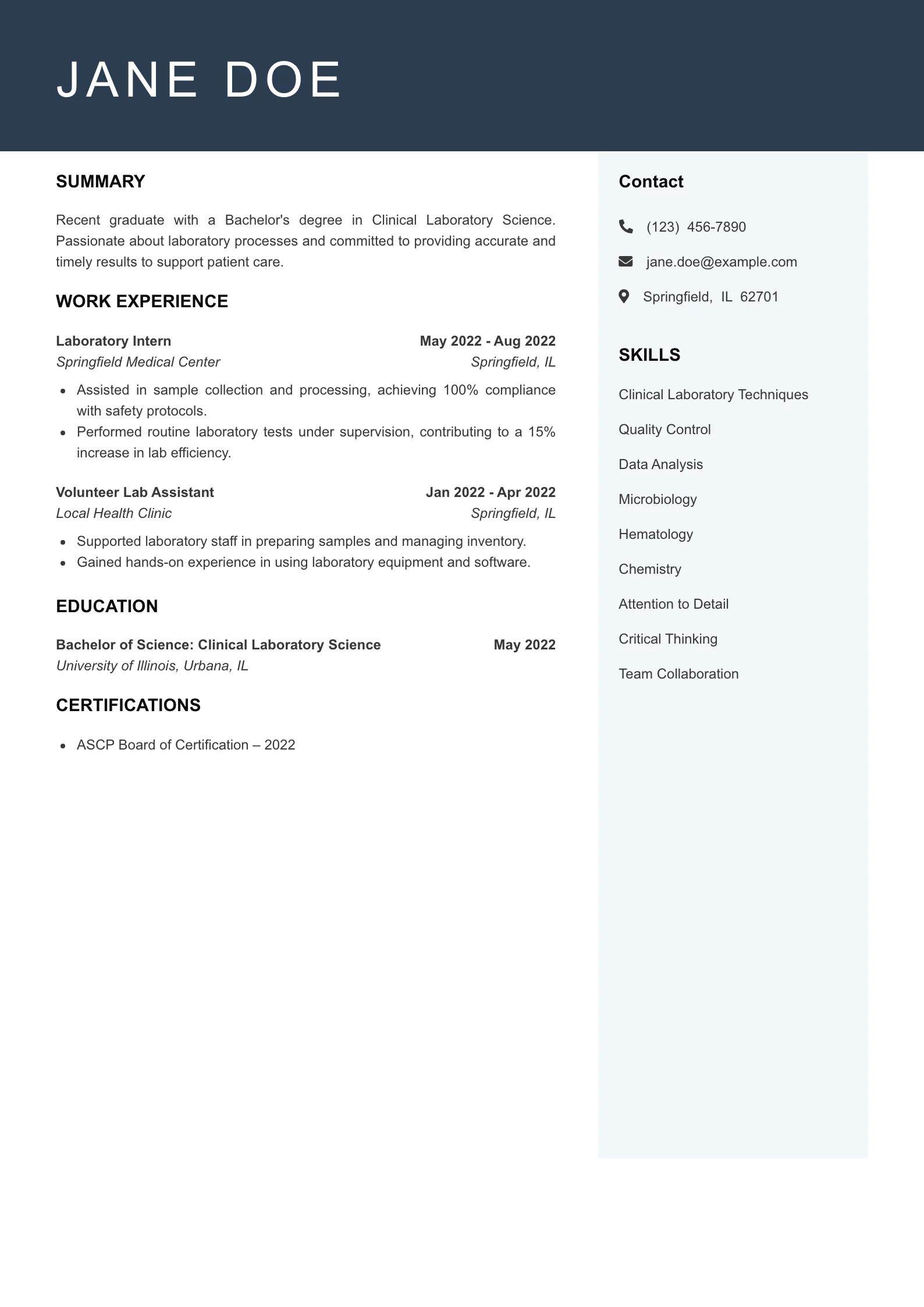 Entry Level Clinical Laboratory Scientist Resume Example