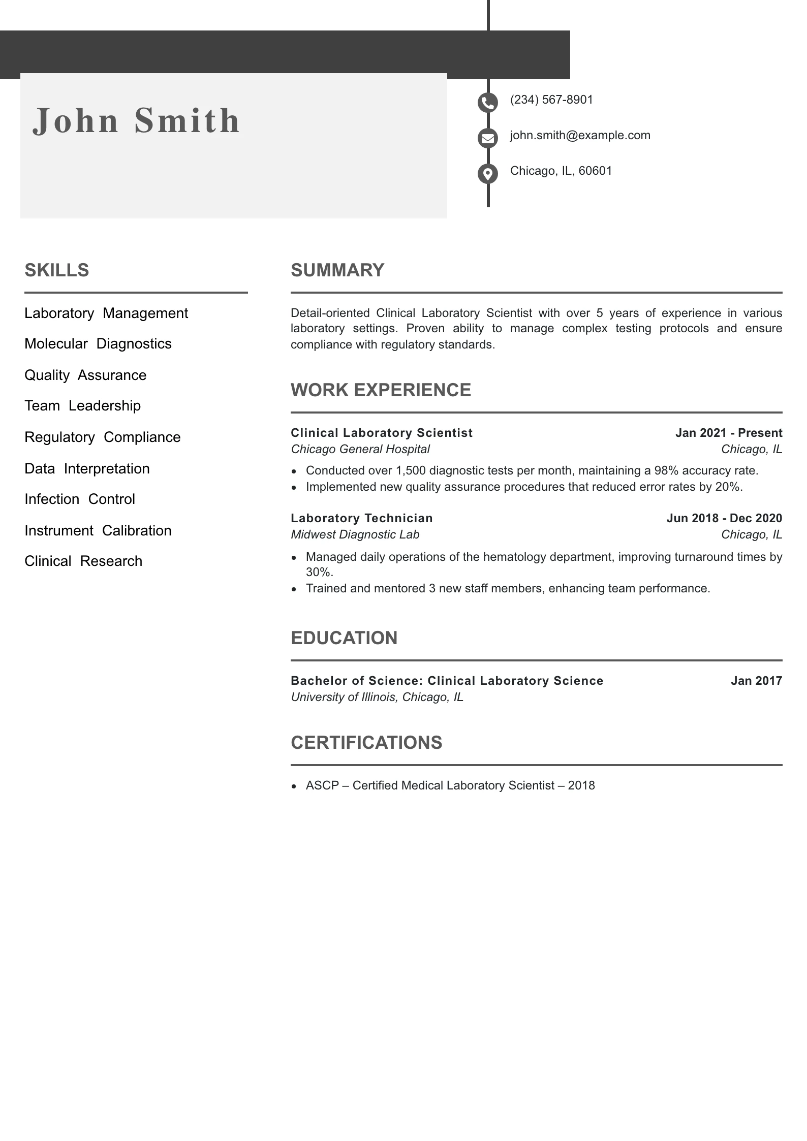 Mid Level Clinical Laboratory Scientist Resume Example