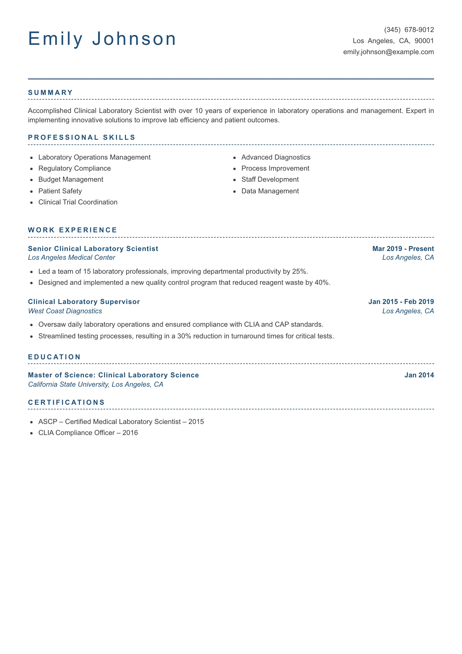 Senior Level Clinical Laboratory Scientist Resume Example
