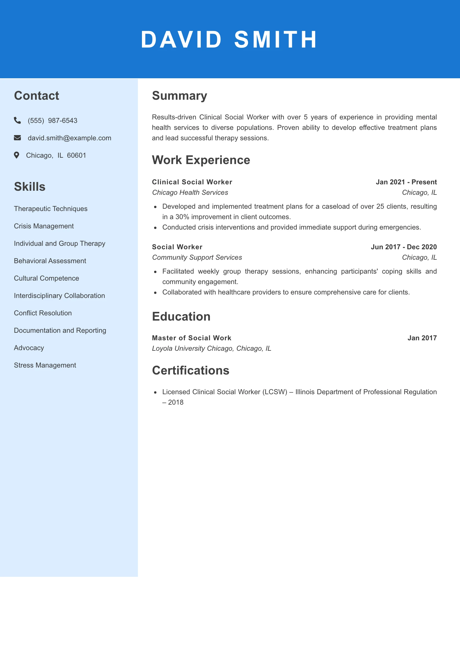 Mid Level Clinical Social Worker Resume Example
