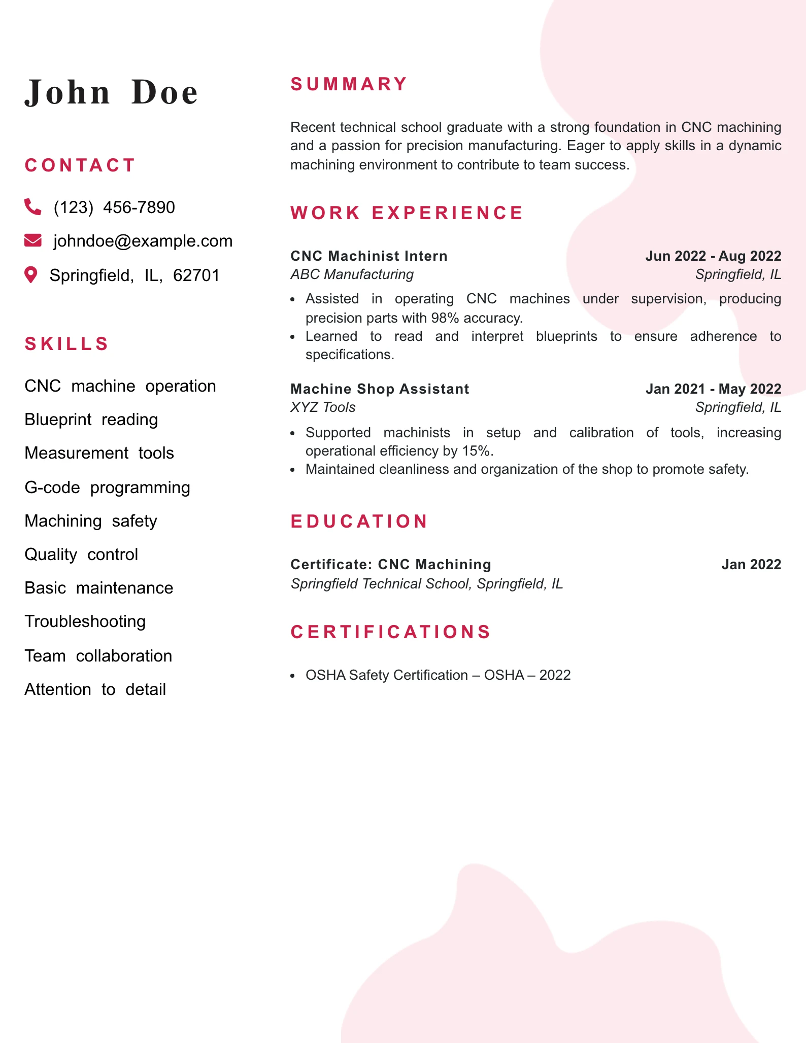 Entry Level CNC Machinist Resume Example