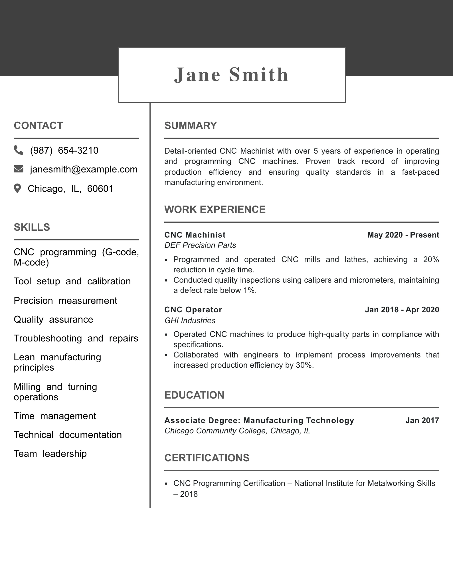 Mid Level CNC Machinist Resume Example