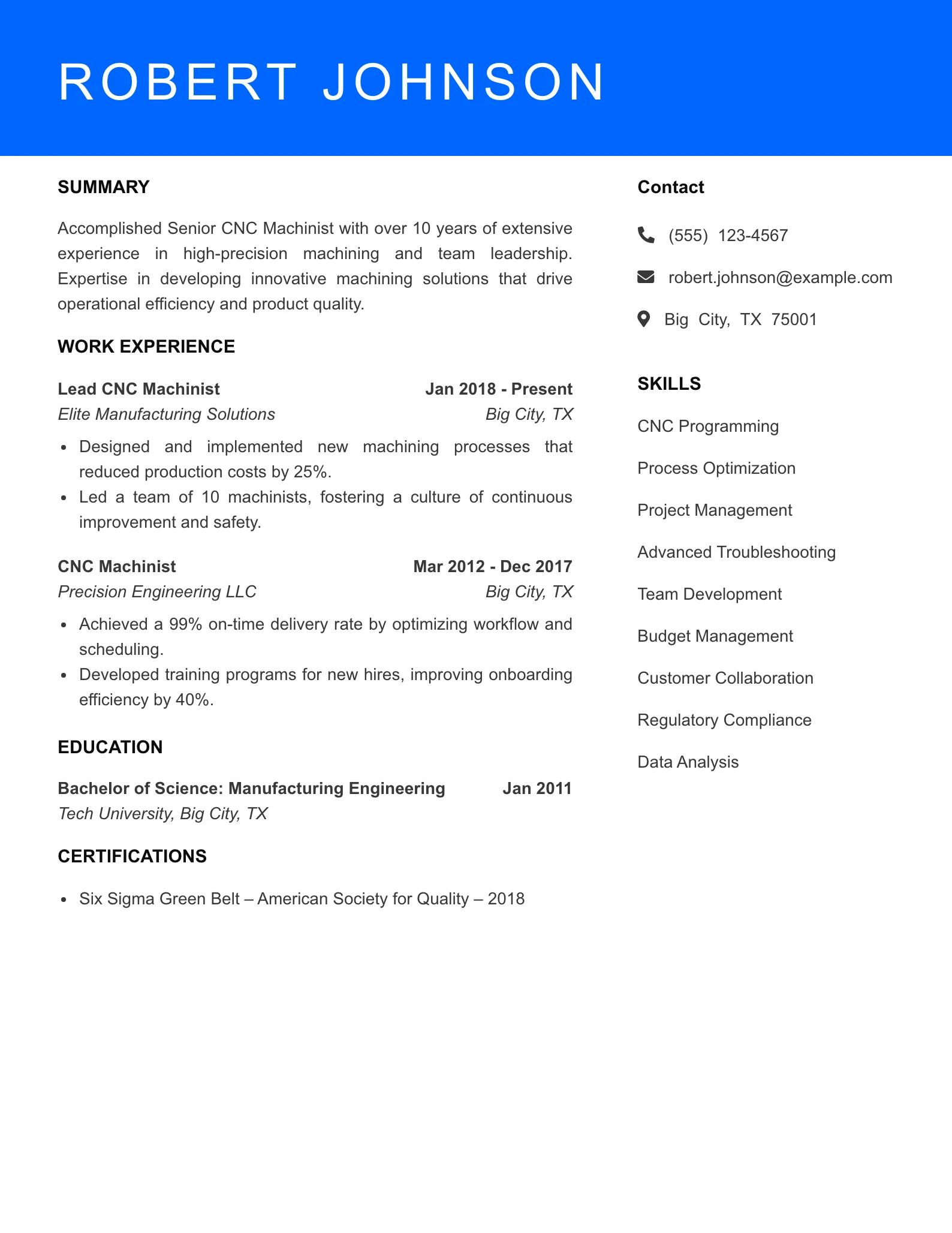 Senior Level CNC Machinist Resume Sample