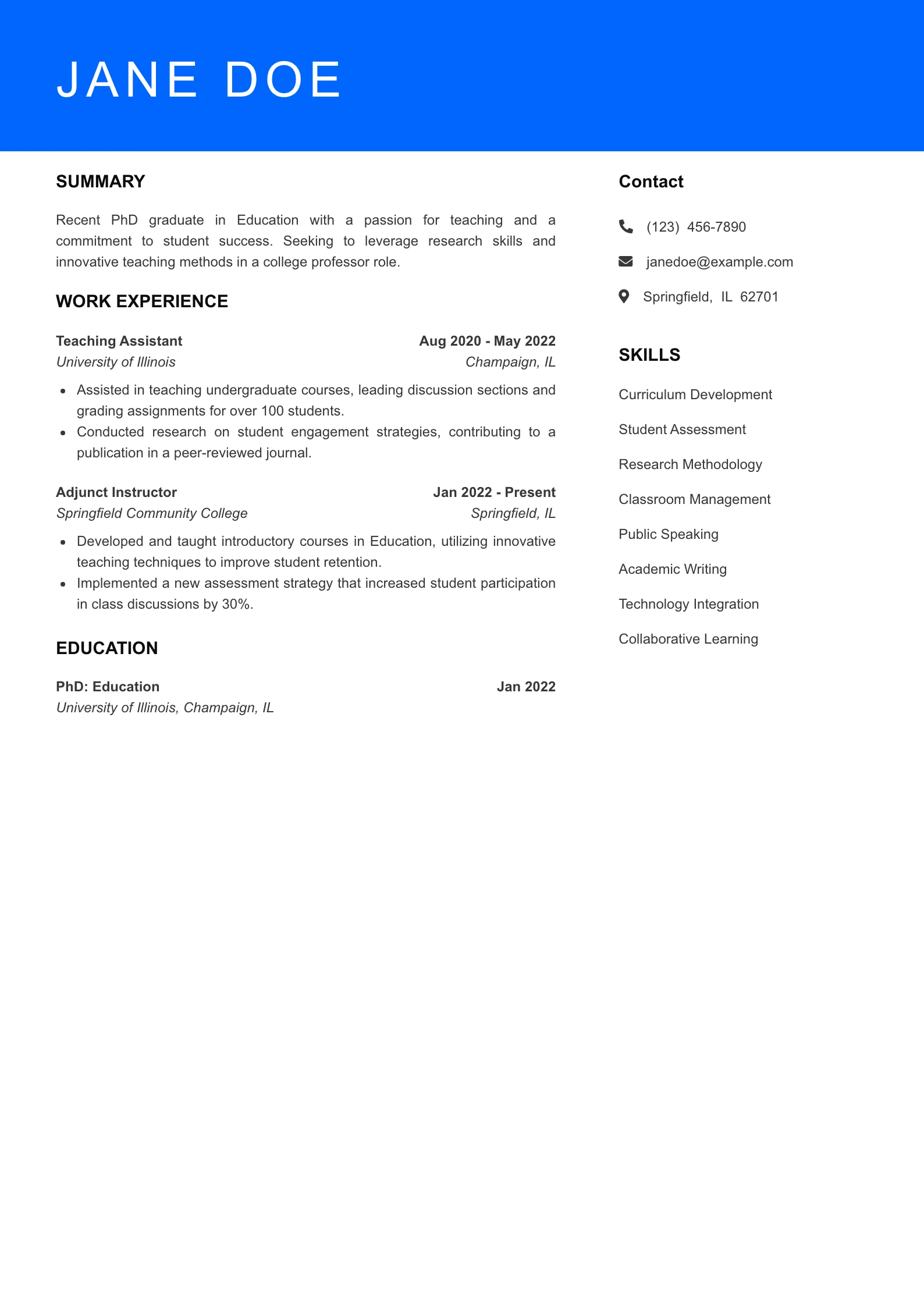 Selected College Professor Resume
