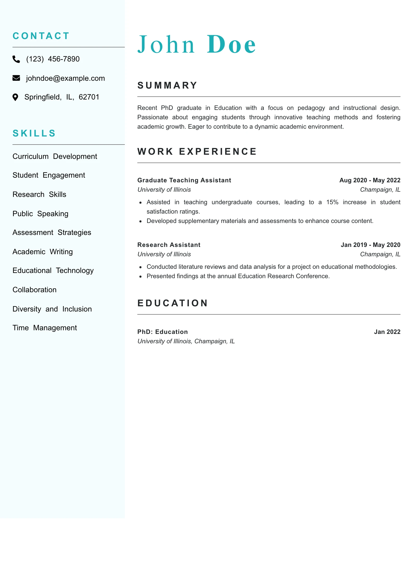 Entry Level College Professor Resume Example