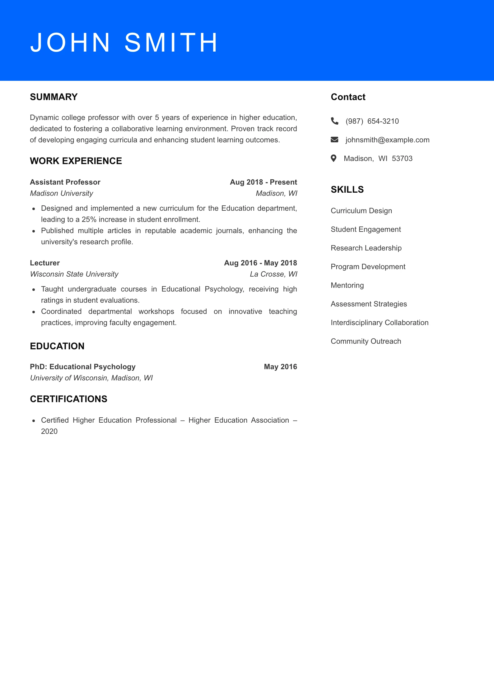 Mid Level College Professor Resume Sample