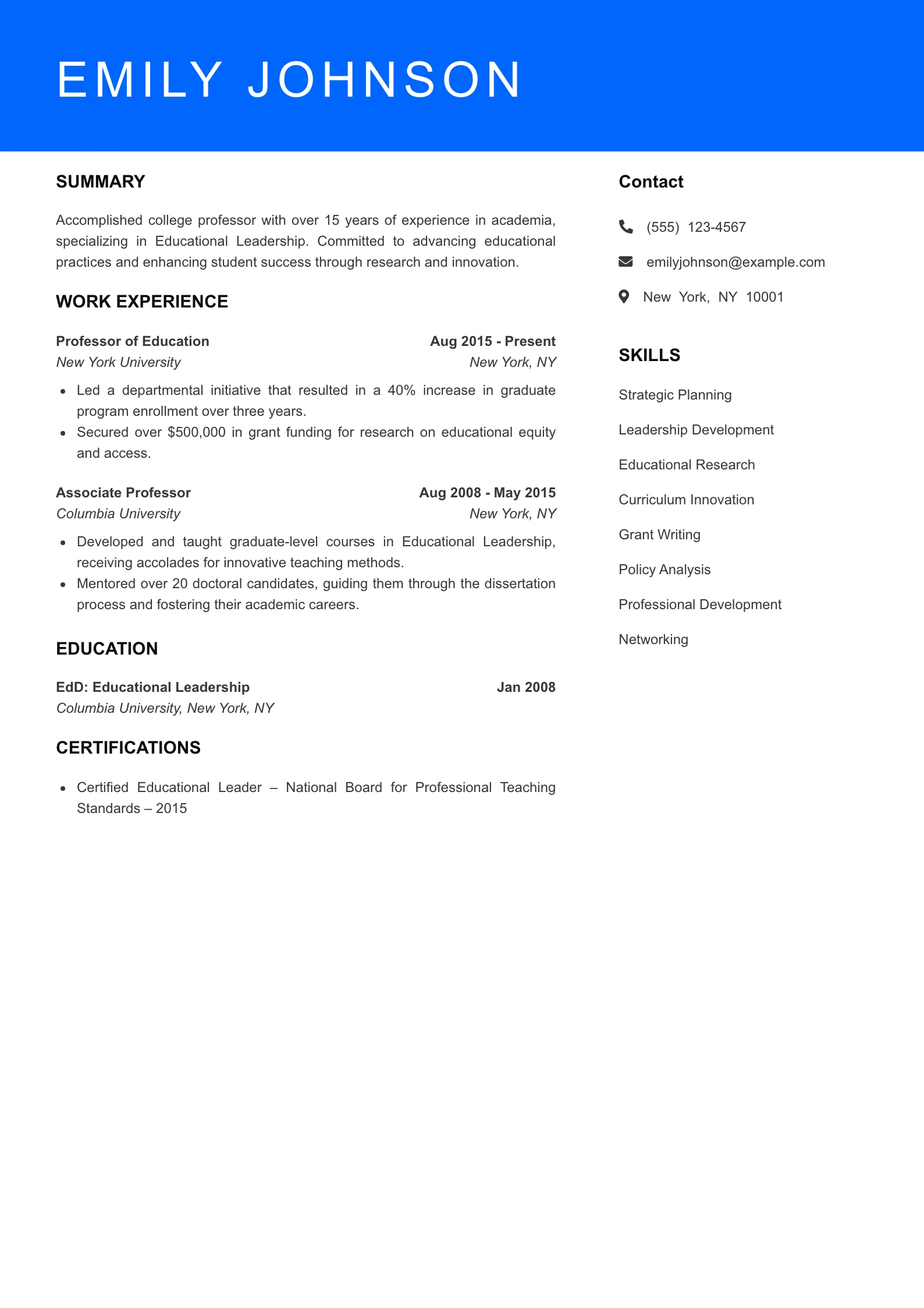 Senior Level College Professor Resume Sample