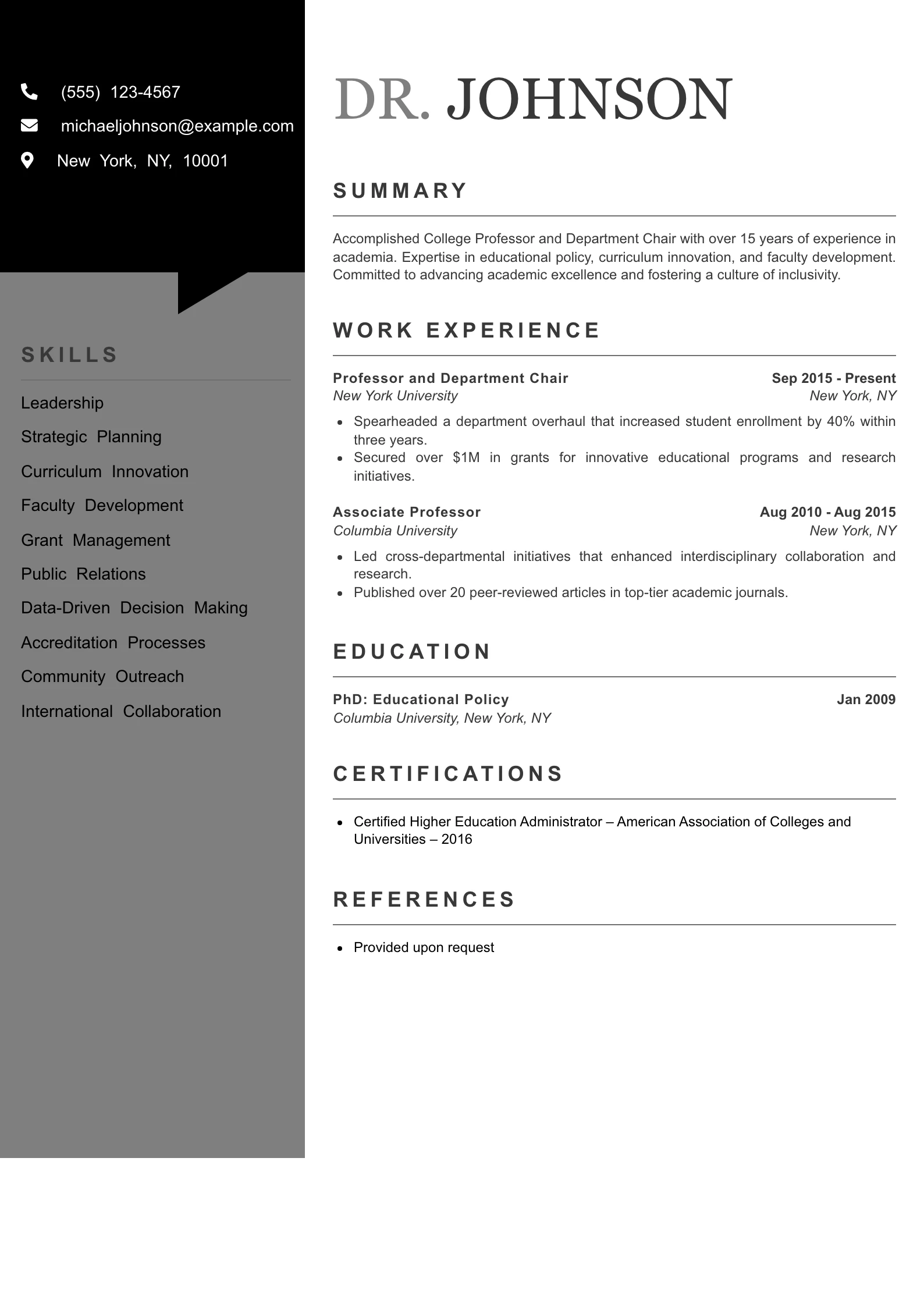 Senior Level College Professor Resume Example