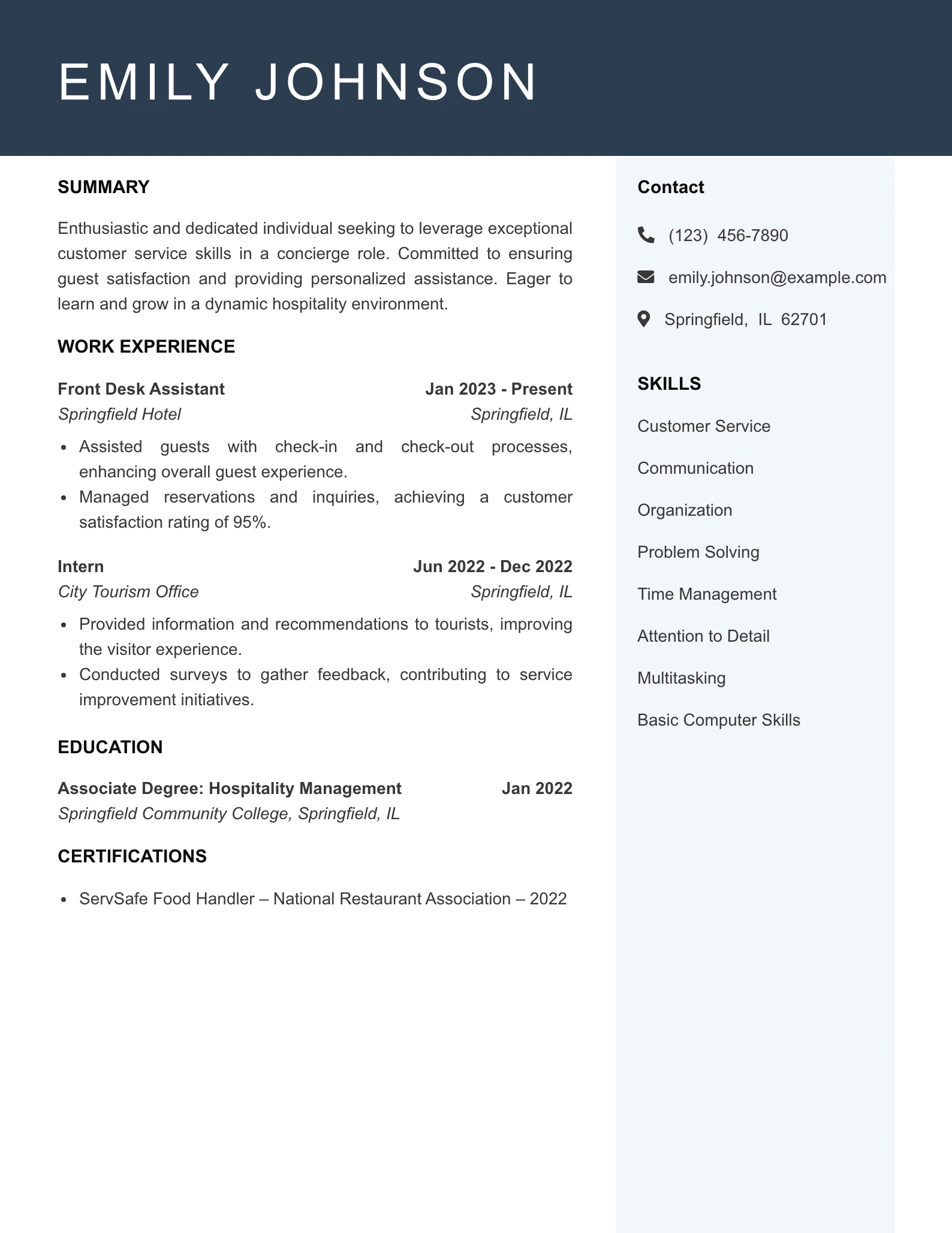 Entry Level Concierge Resume Example