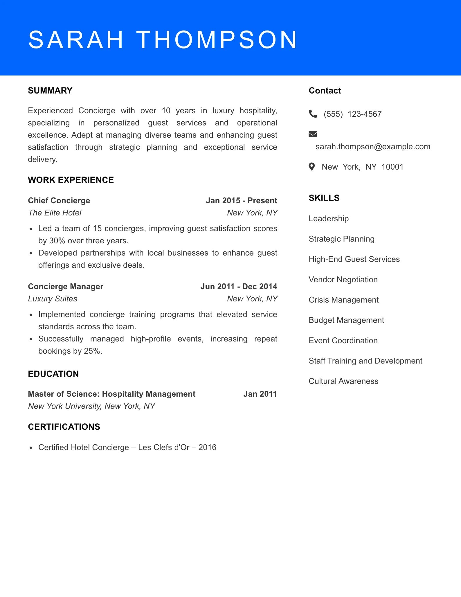 Senior Level Concierge Resume Sample