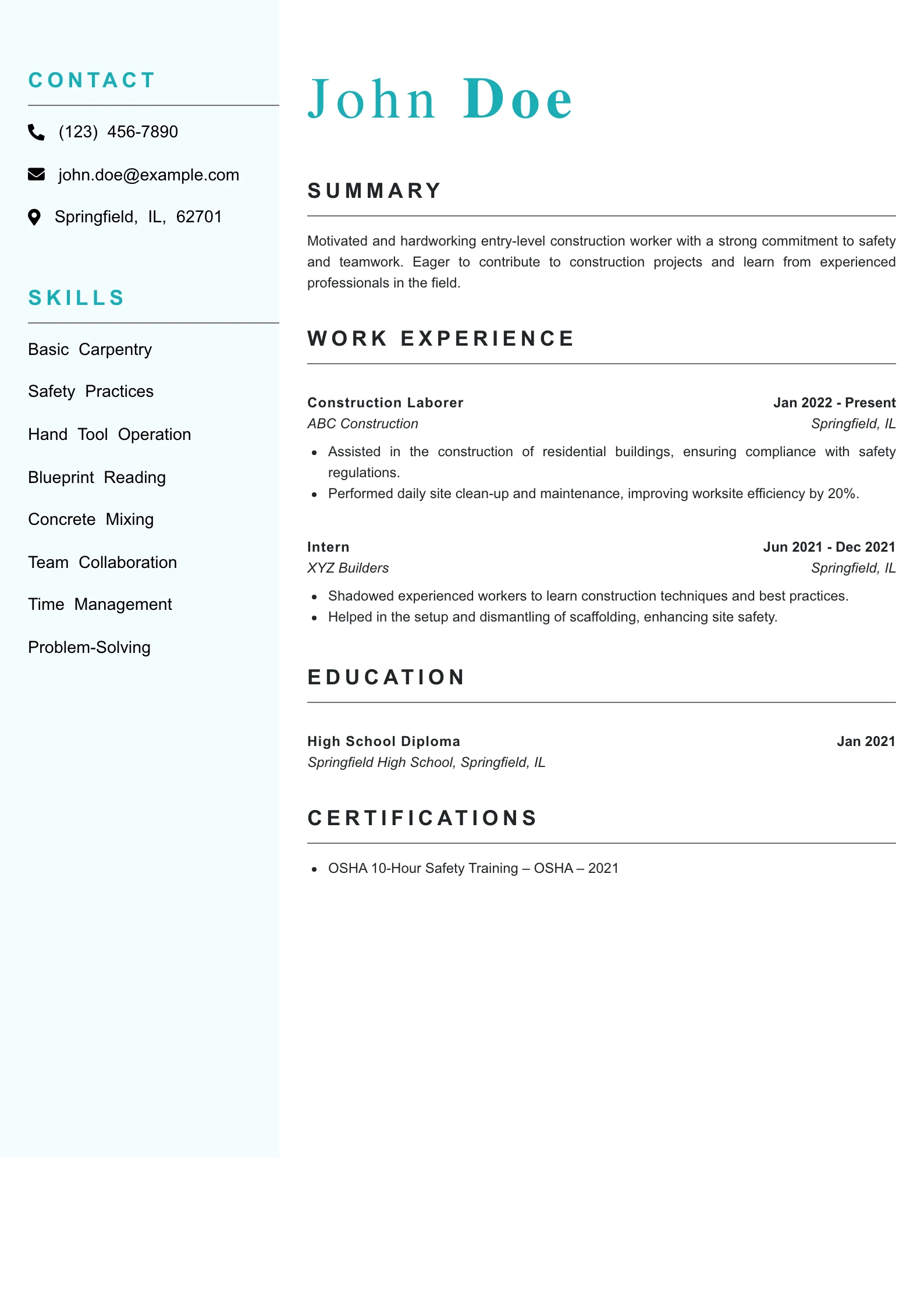 Entry Level Construction Worker Resume Example