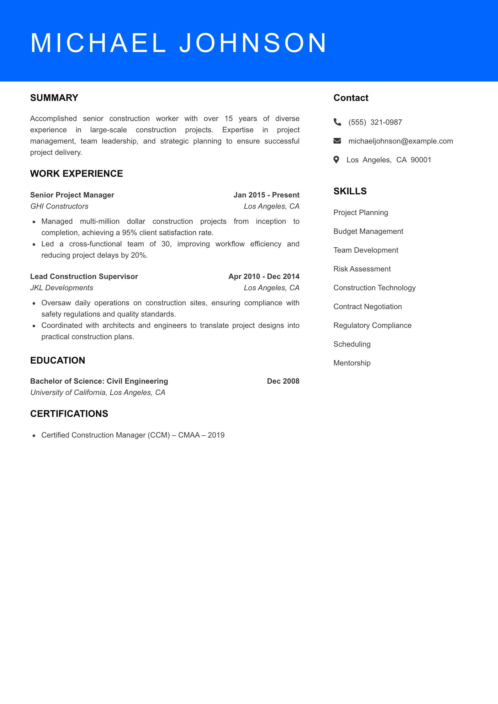 Senior Level Construction Worker Resume Sample