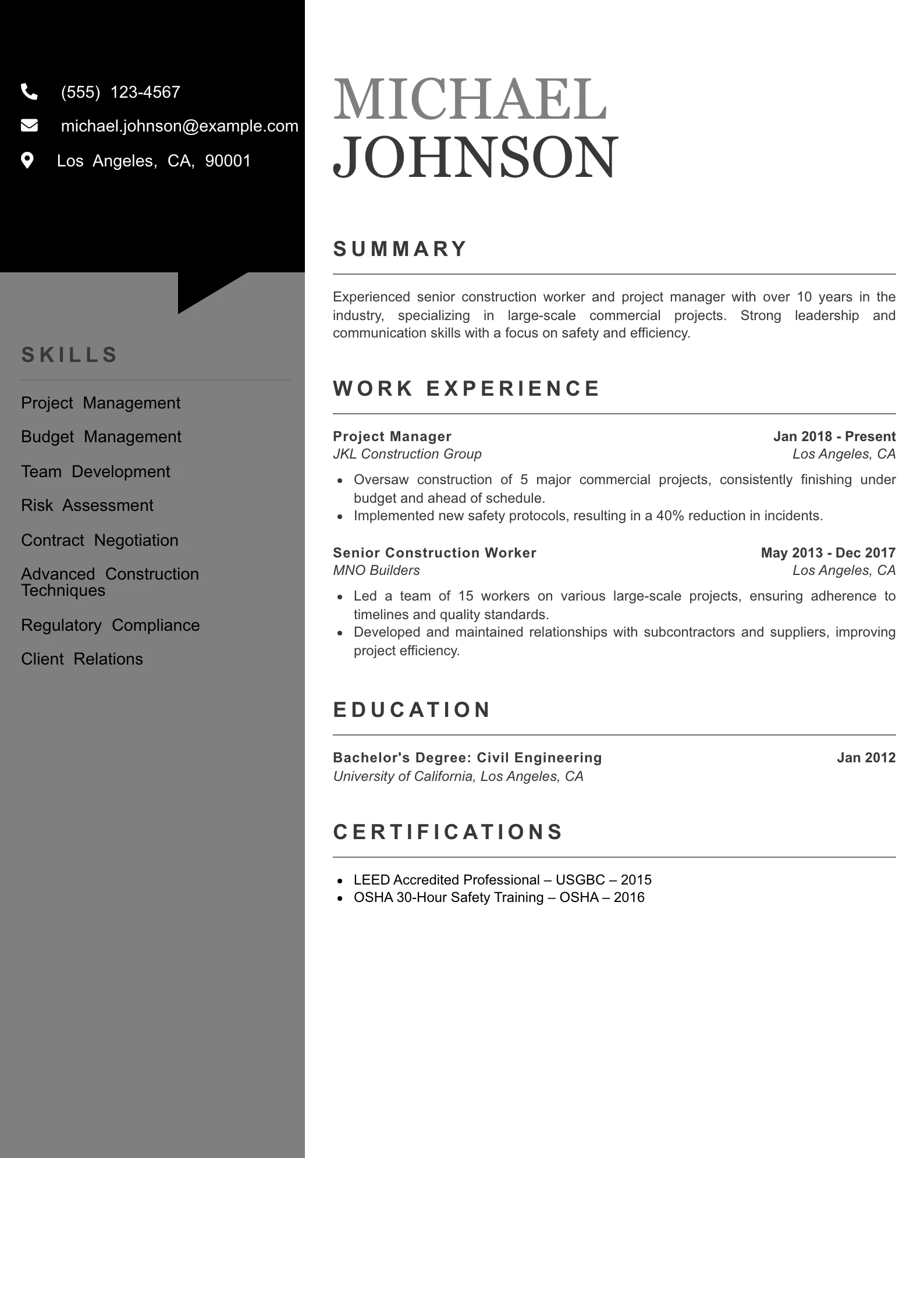 Senior Level Construction Worker Resume Example