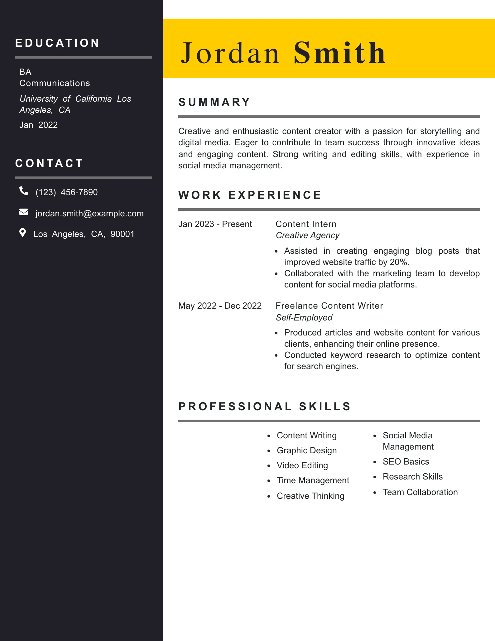 Entry Level Content Creator Resume Example