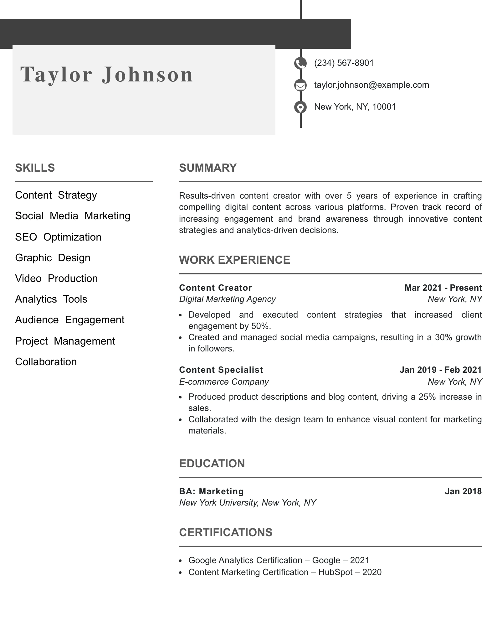 Mid Level Content Creator Resume Example