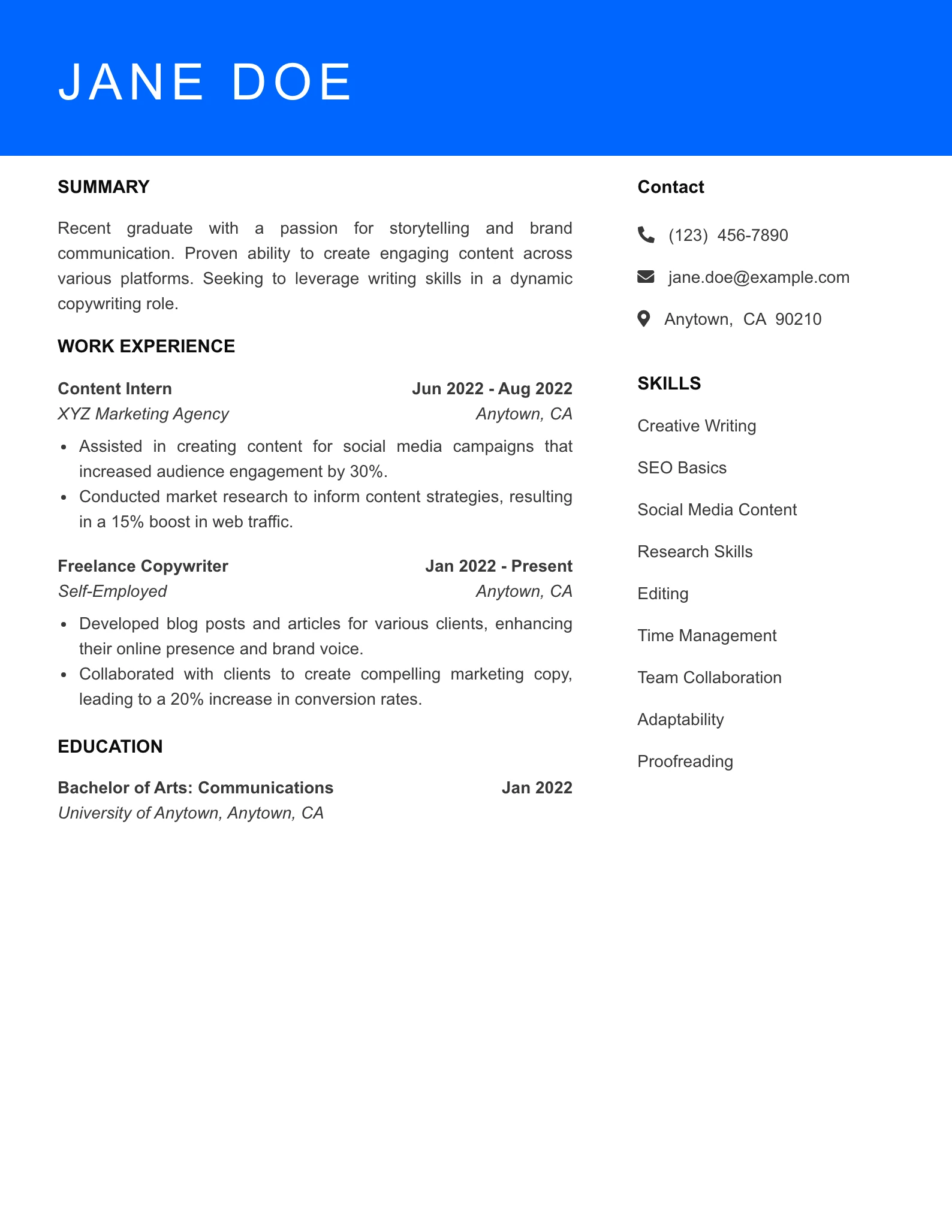 Entry Level Resume Preview