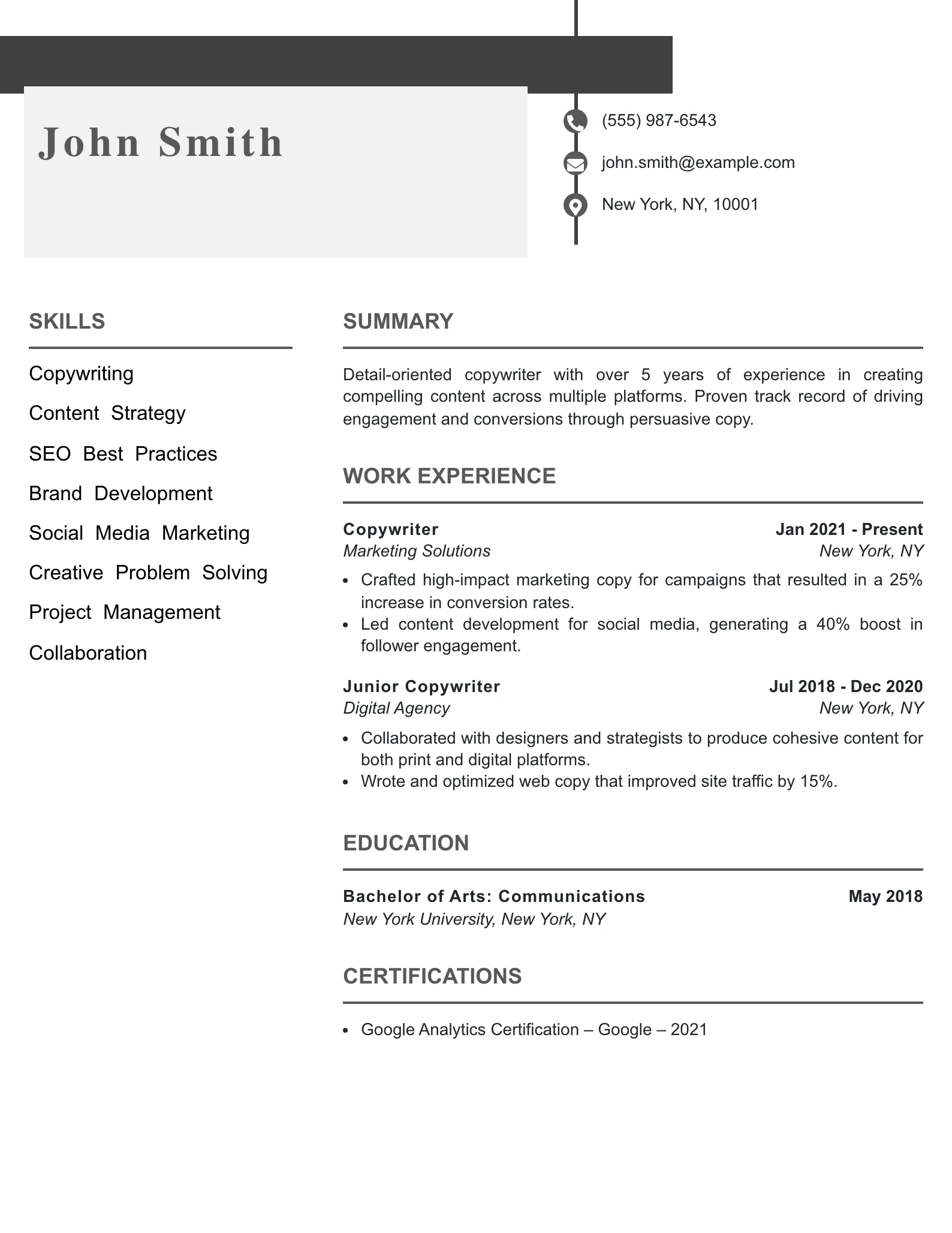 Mid Level Copywriter Resume Example