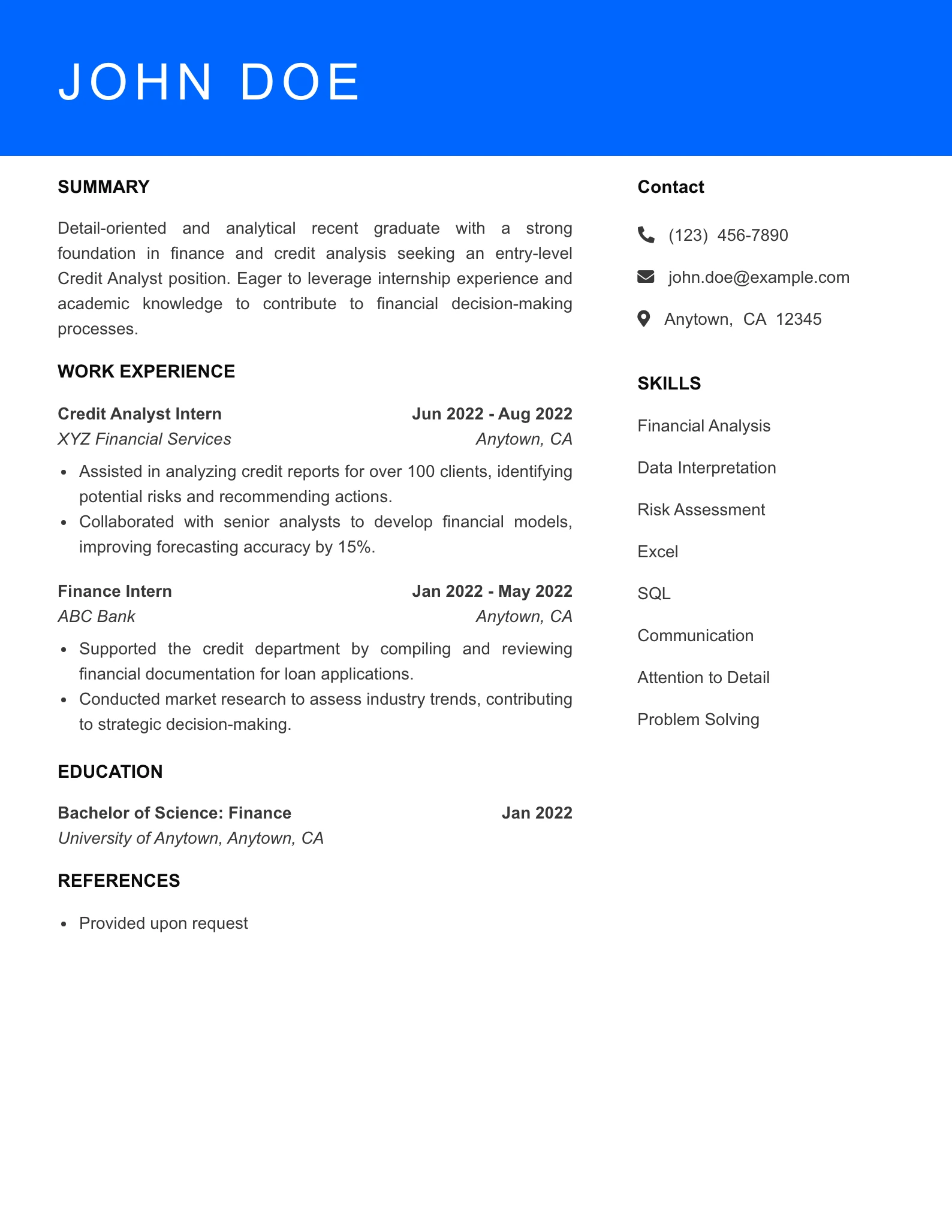 Selected Credit Analyst Resume
