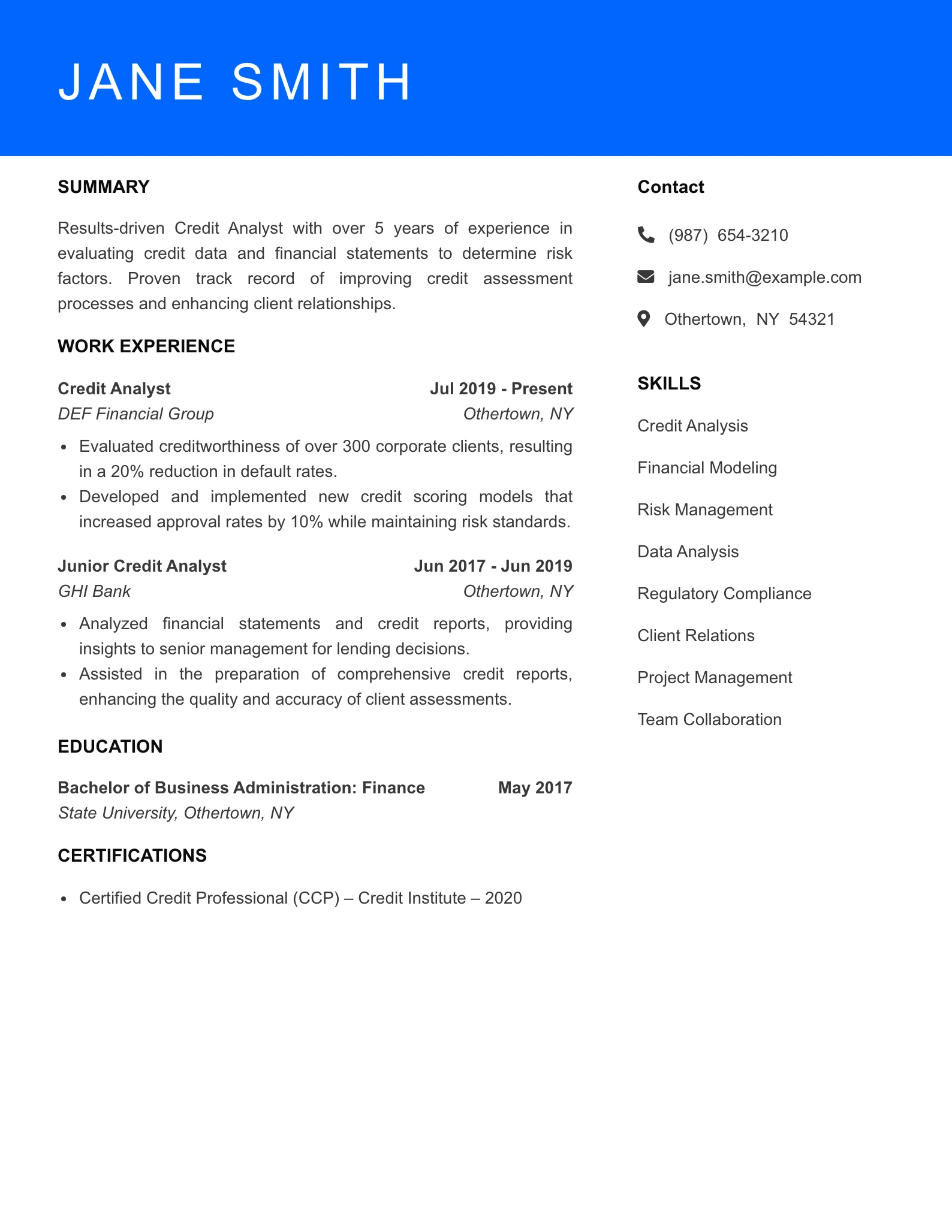 Mid Level Credit Analyst Resume Sample