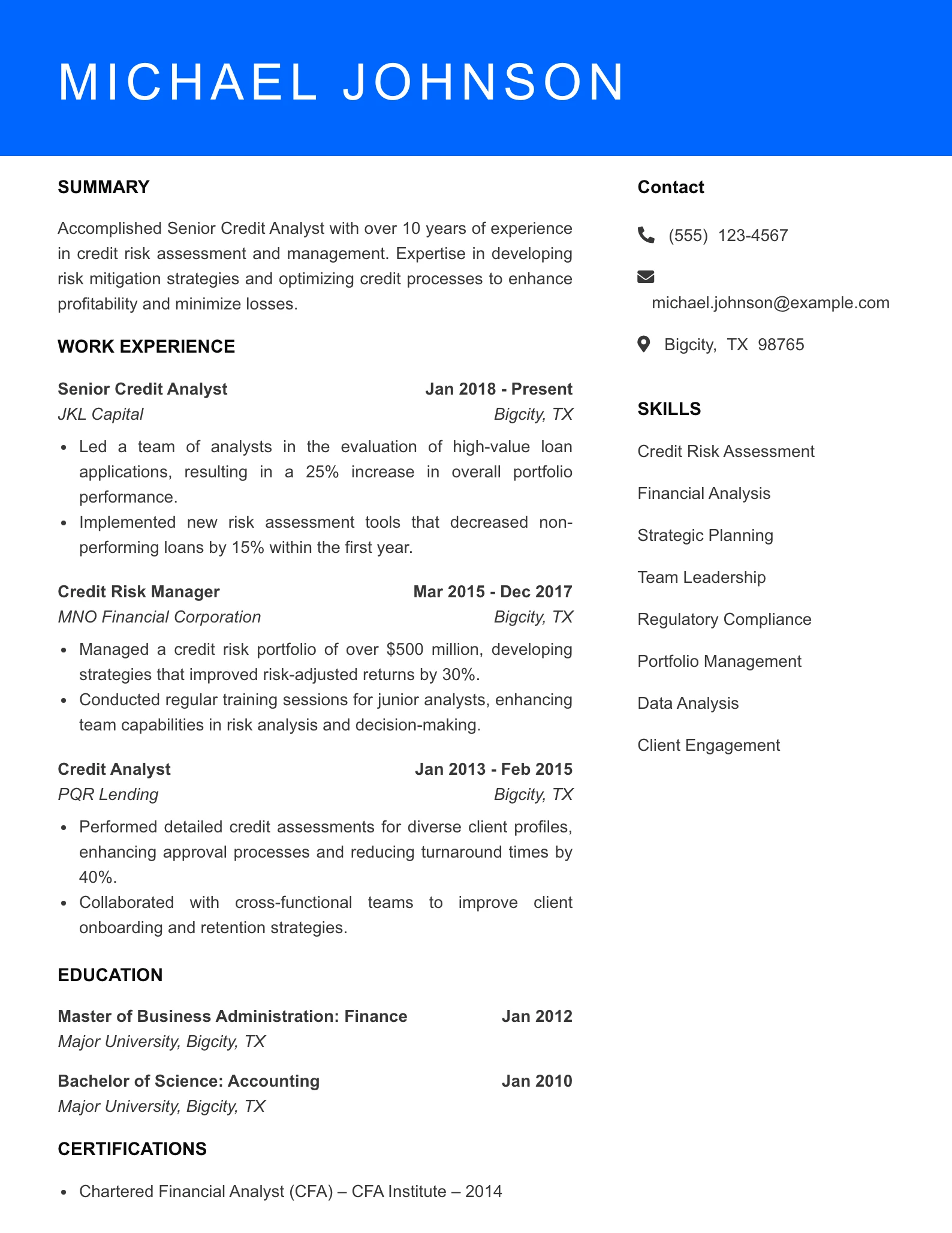 Senior Level Credit Analyst Resume Sample