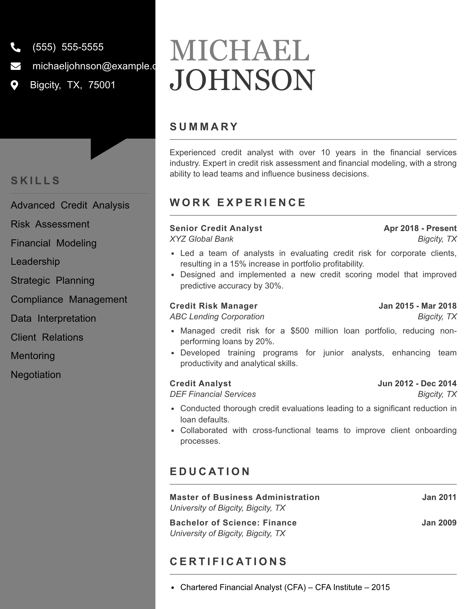 Senior Level Credit Analyst Resume Example