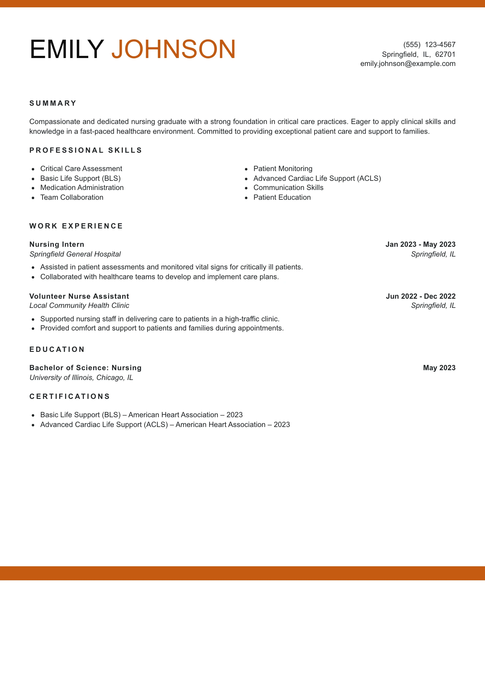 Entry Level Critical Care Nurse Resume Example