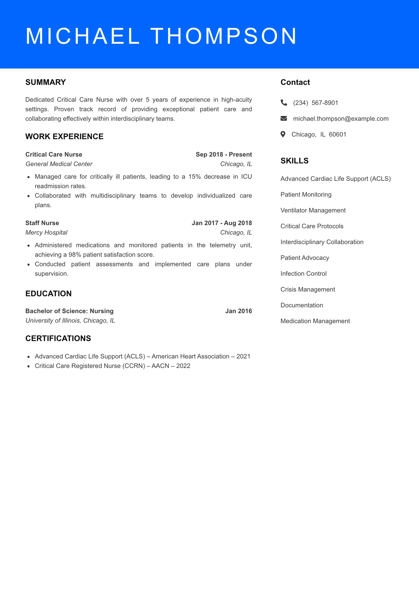 Mid Level Critical Care Nurse Resume Sample