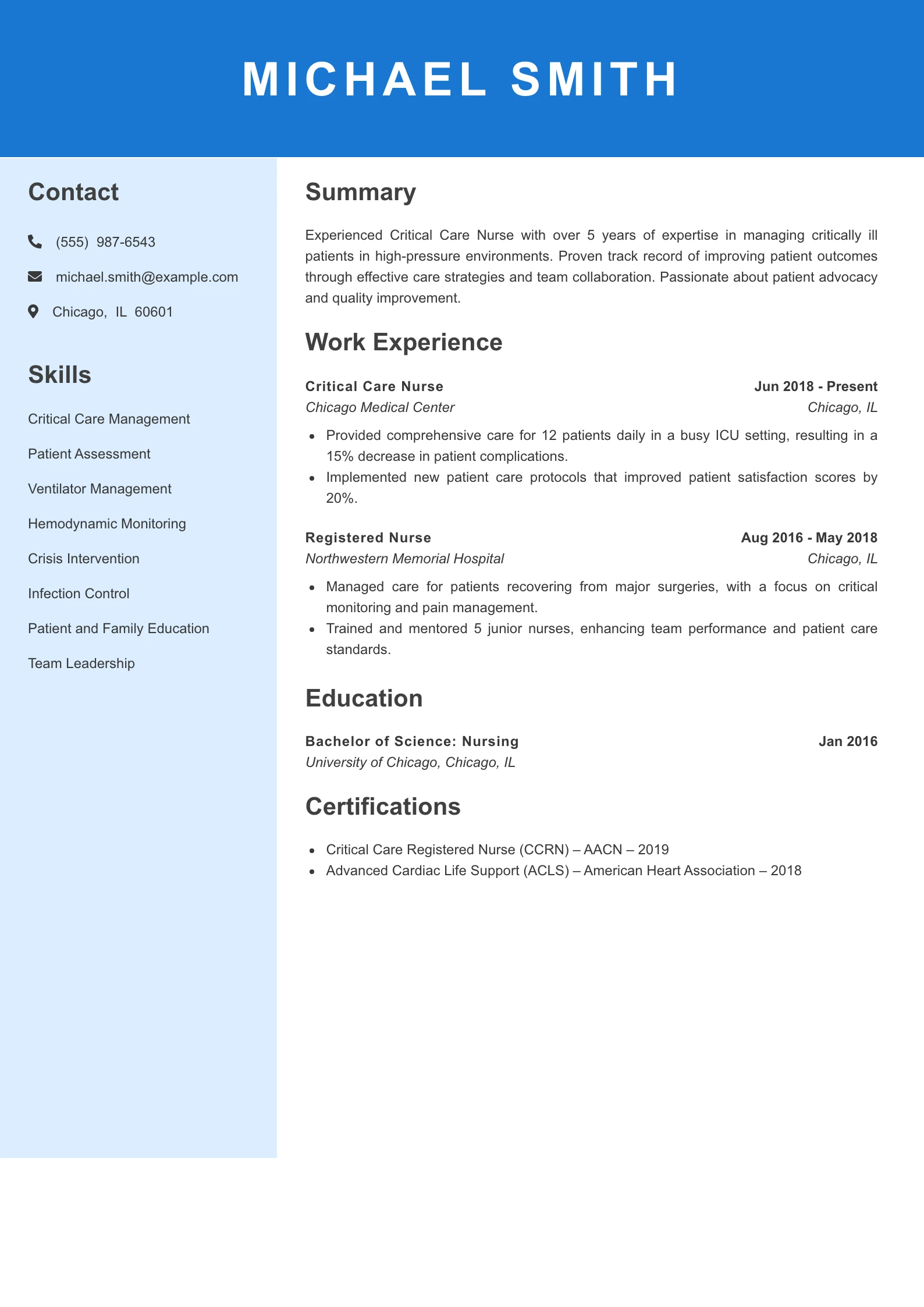 Mid Level Critical Care Nurse Resume Example