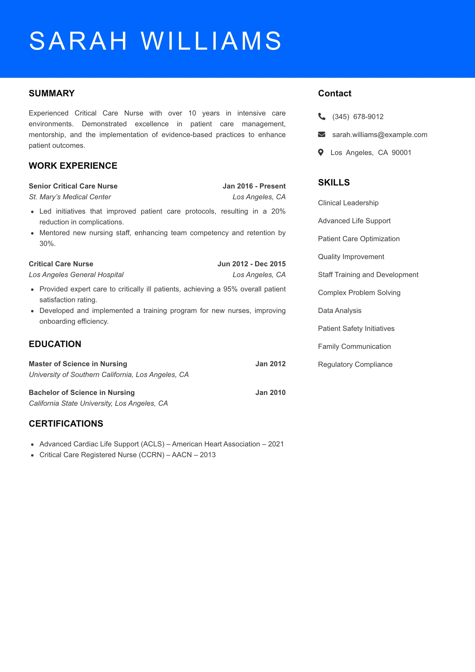 Senior Level Critical Care Nurse Resume Sample
