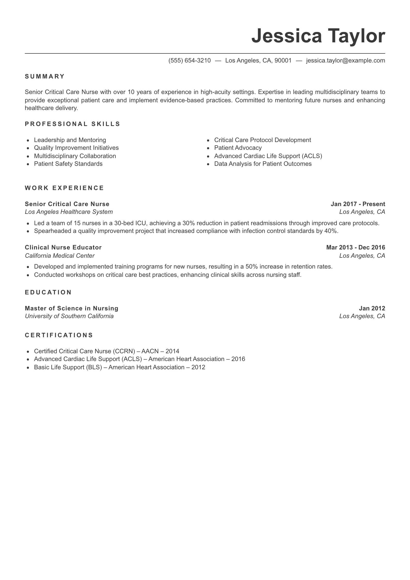 Senior Level Critical Care Nurse Resume Example