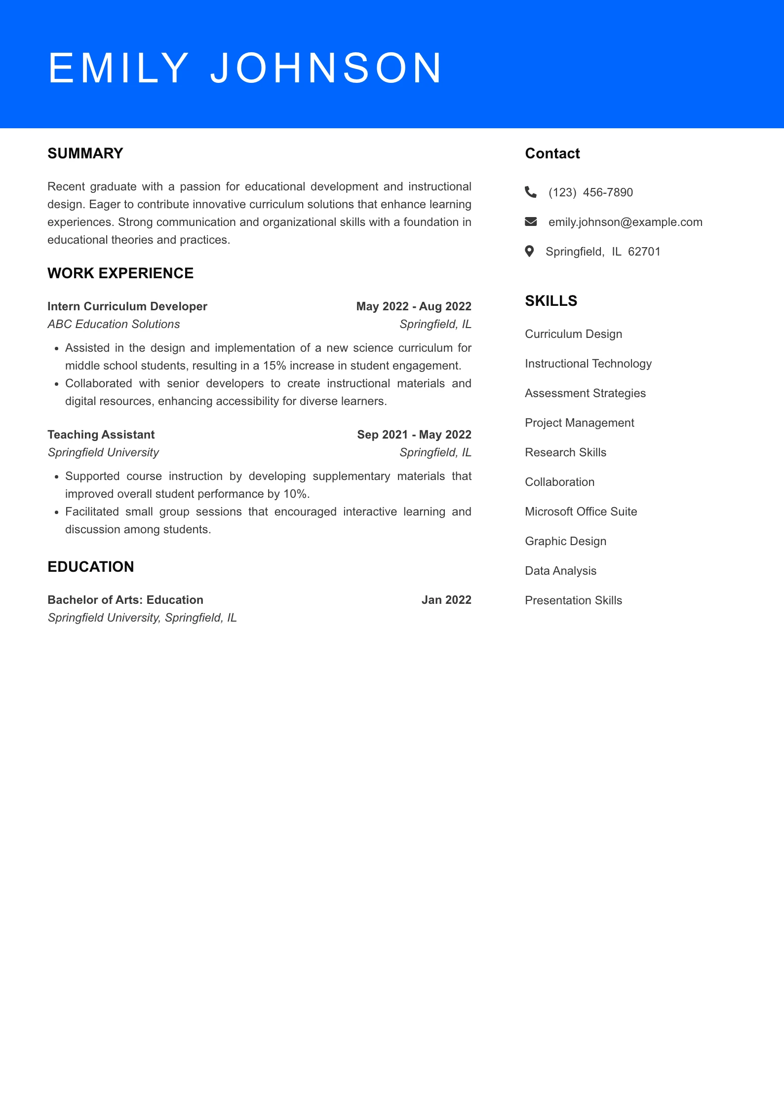 Selected Curriculum Developer Resume