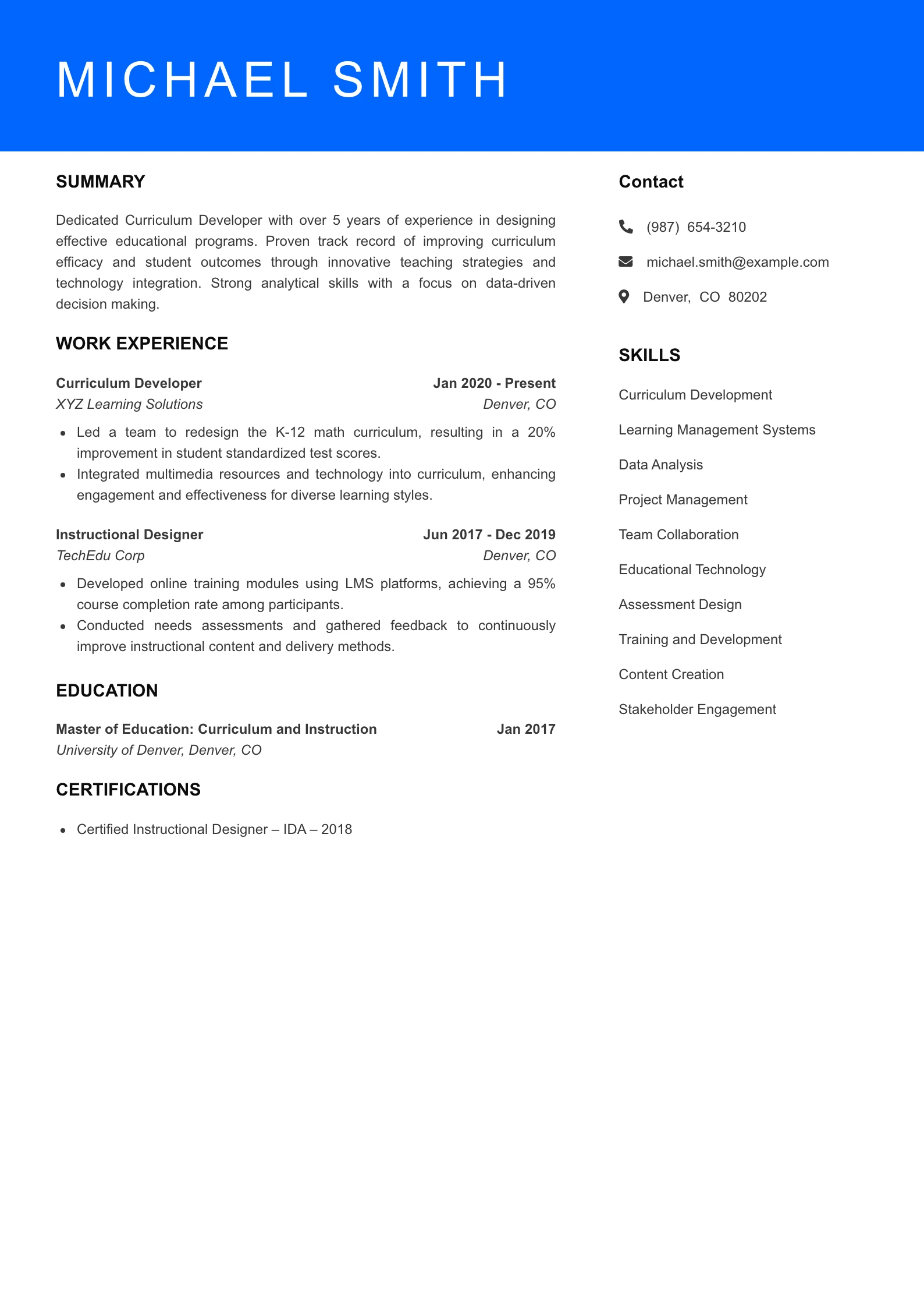 Mid Level Curriculum Developer Resume Sample