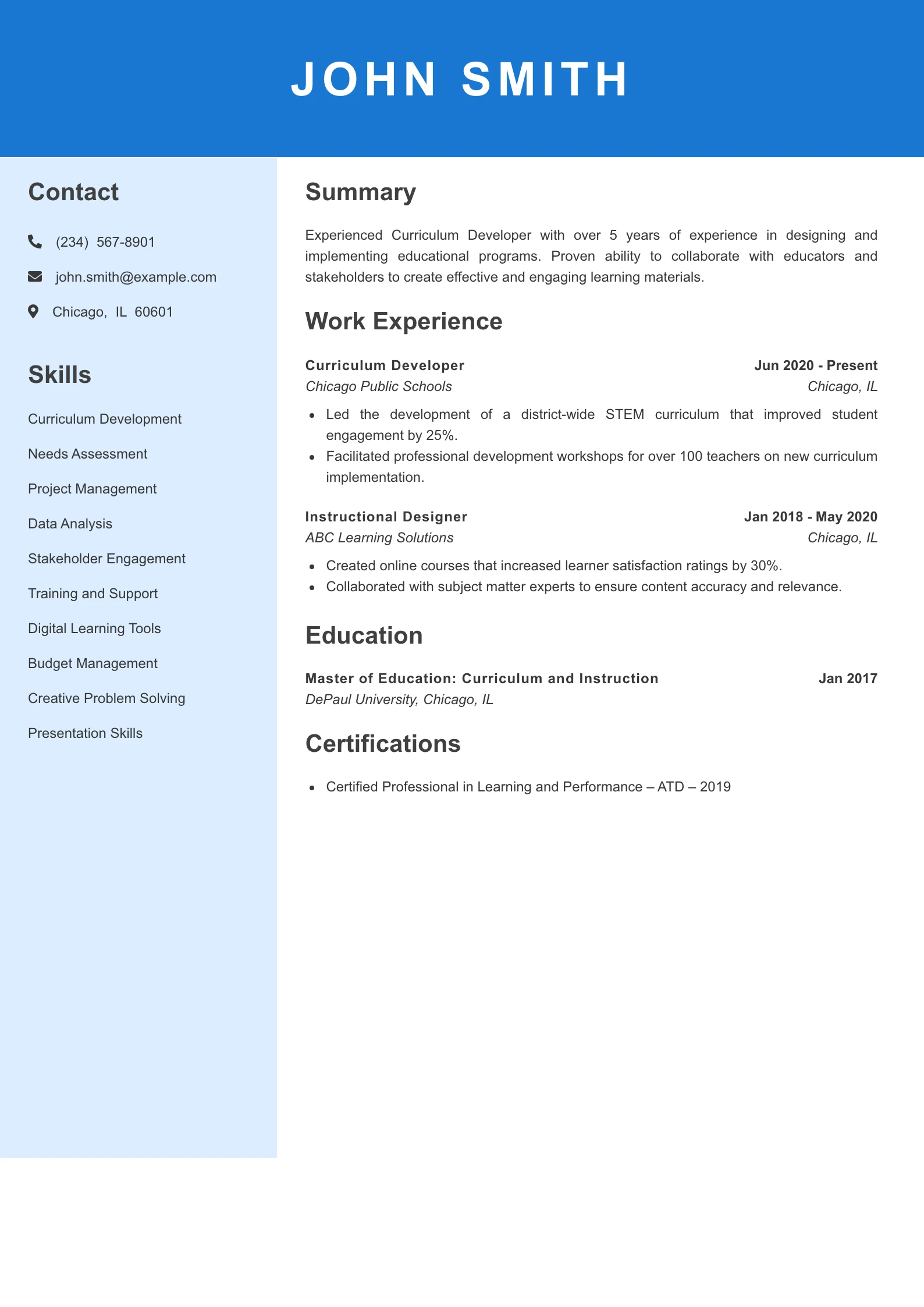 Mid Level Curriculum Developer Resume Example