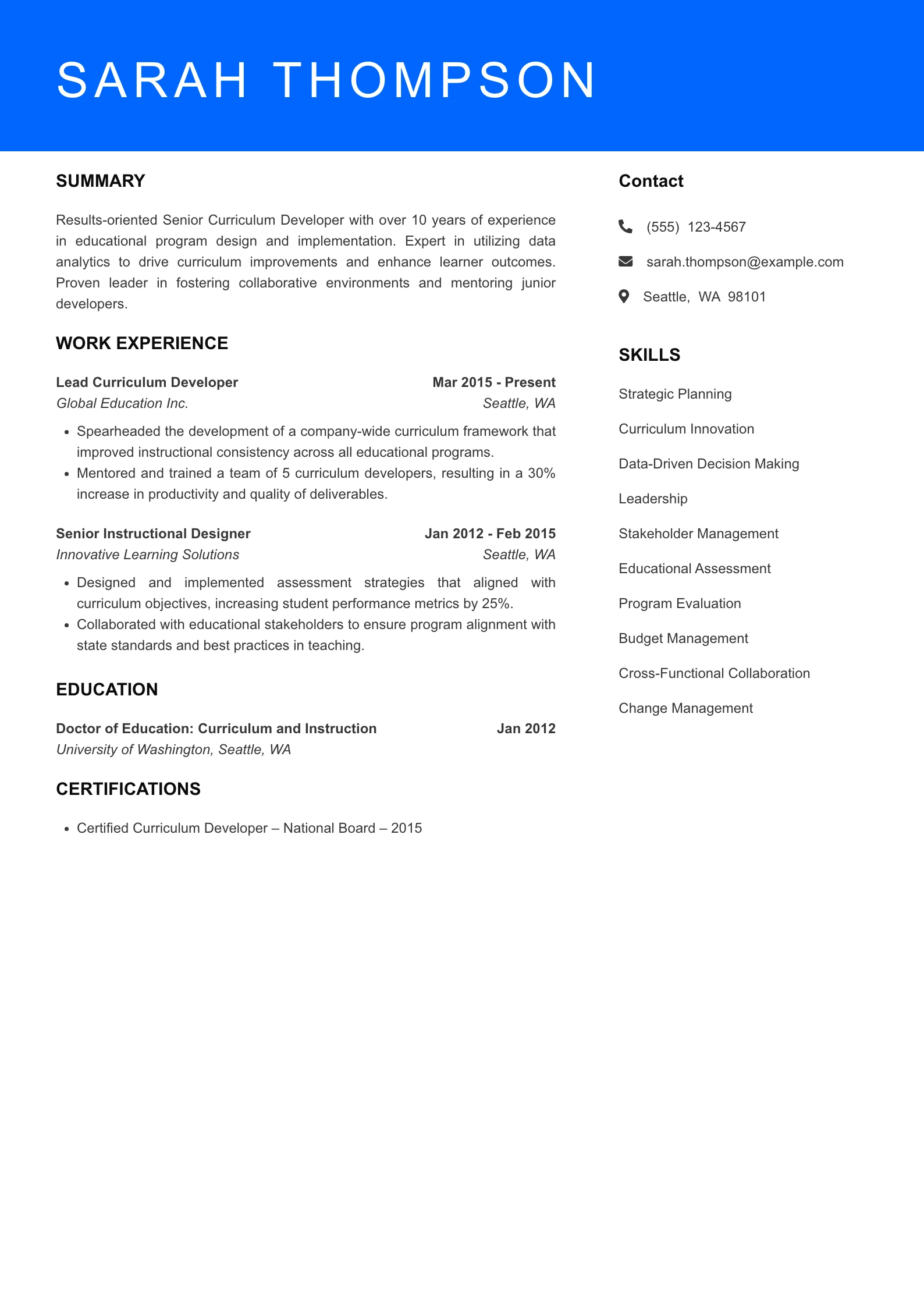 Senior Level Curriculum Developer Resume Sample