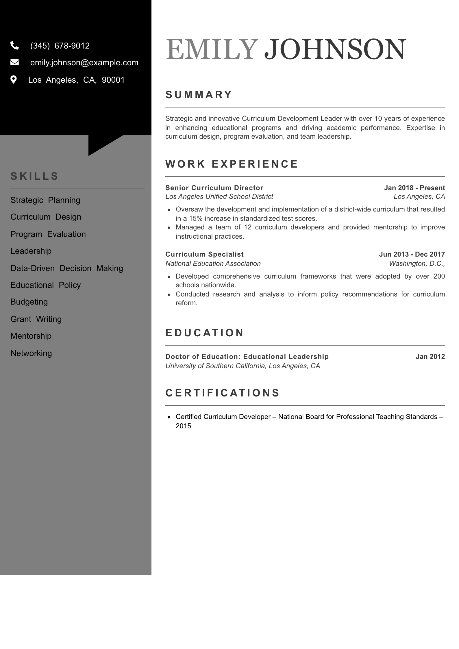 Senior Level Curriculum Developer Resume Example