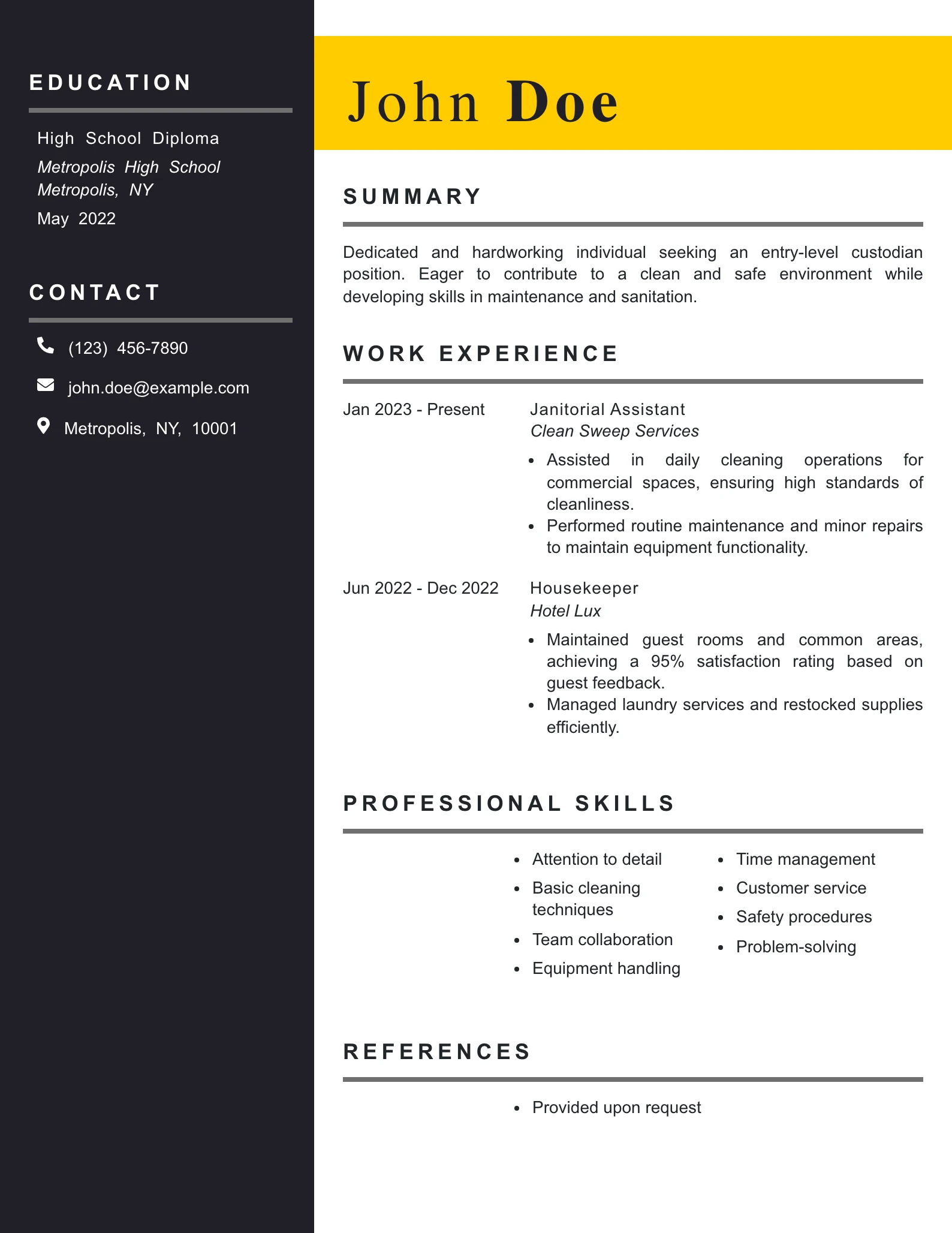 Entry Level Custodian Resume Example
